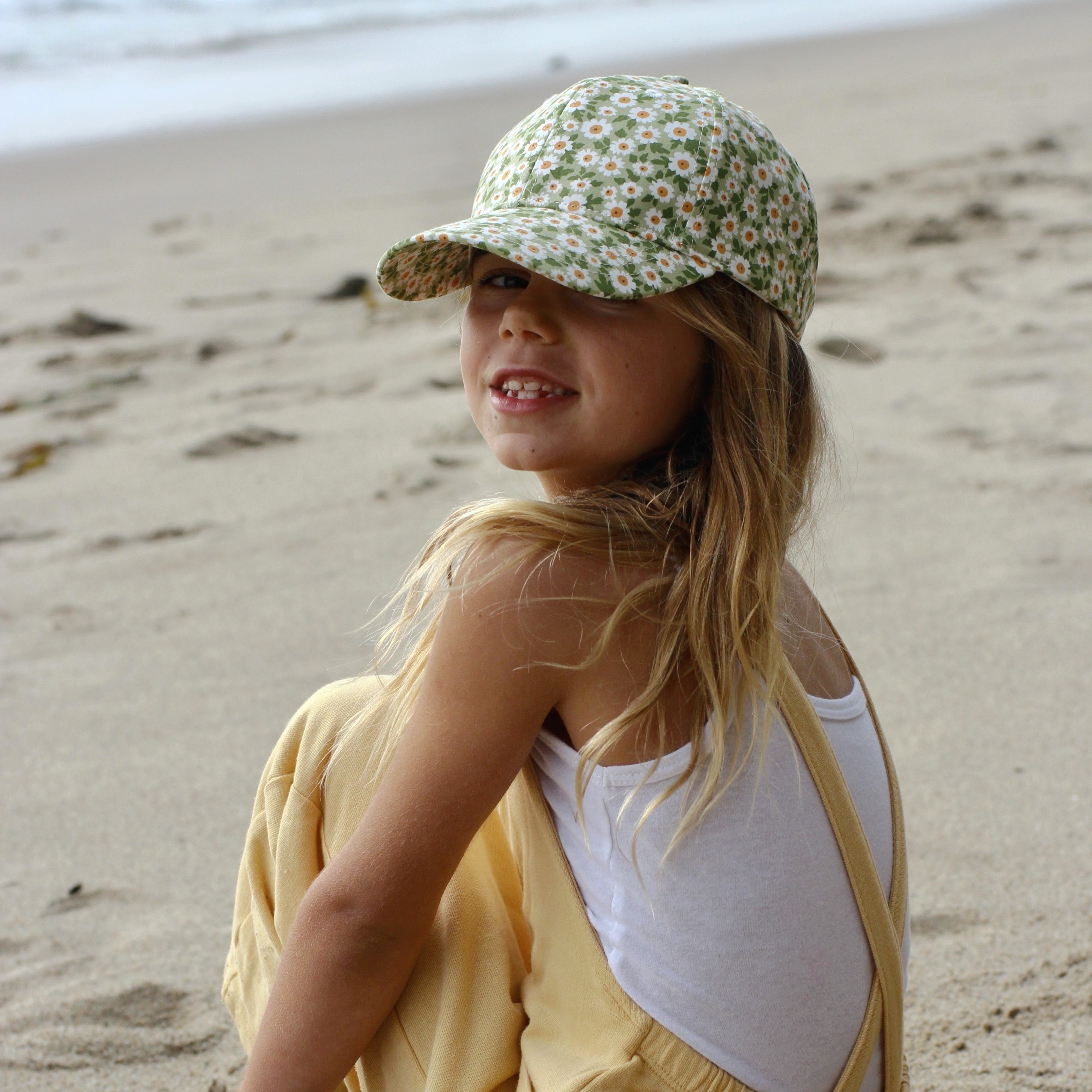 Kids Floral Print Baseball Cap (age 3-6/7y) For Toddler And Little Girls, Natural Cotton- Daisy Green