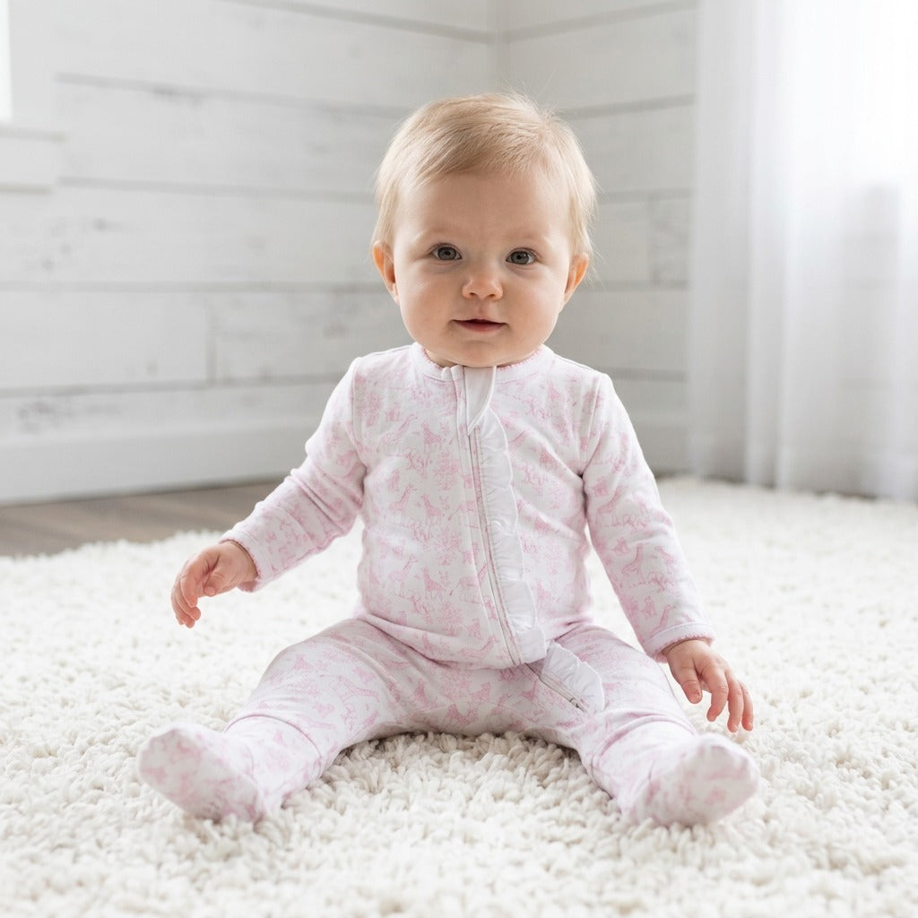 Bsf-114 Pink Baby Safari Pima Zipper Footie