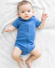 Short Sleeve Zipper Bodysuit In Denim, 0-3m