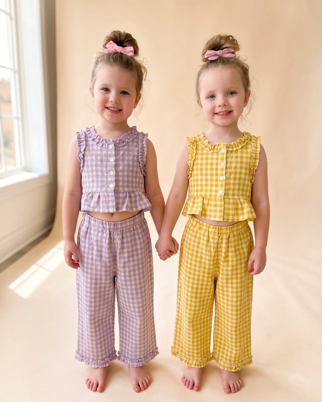 Lavender Gingham Ruffled Sleeveless Capri Set