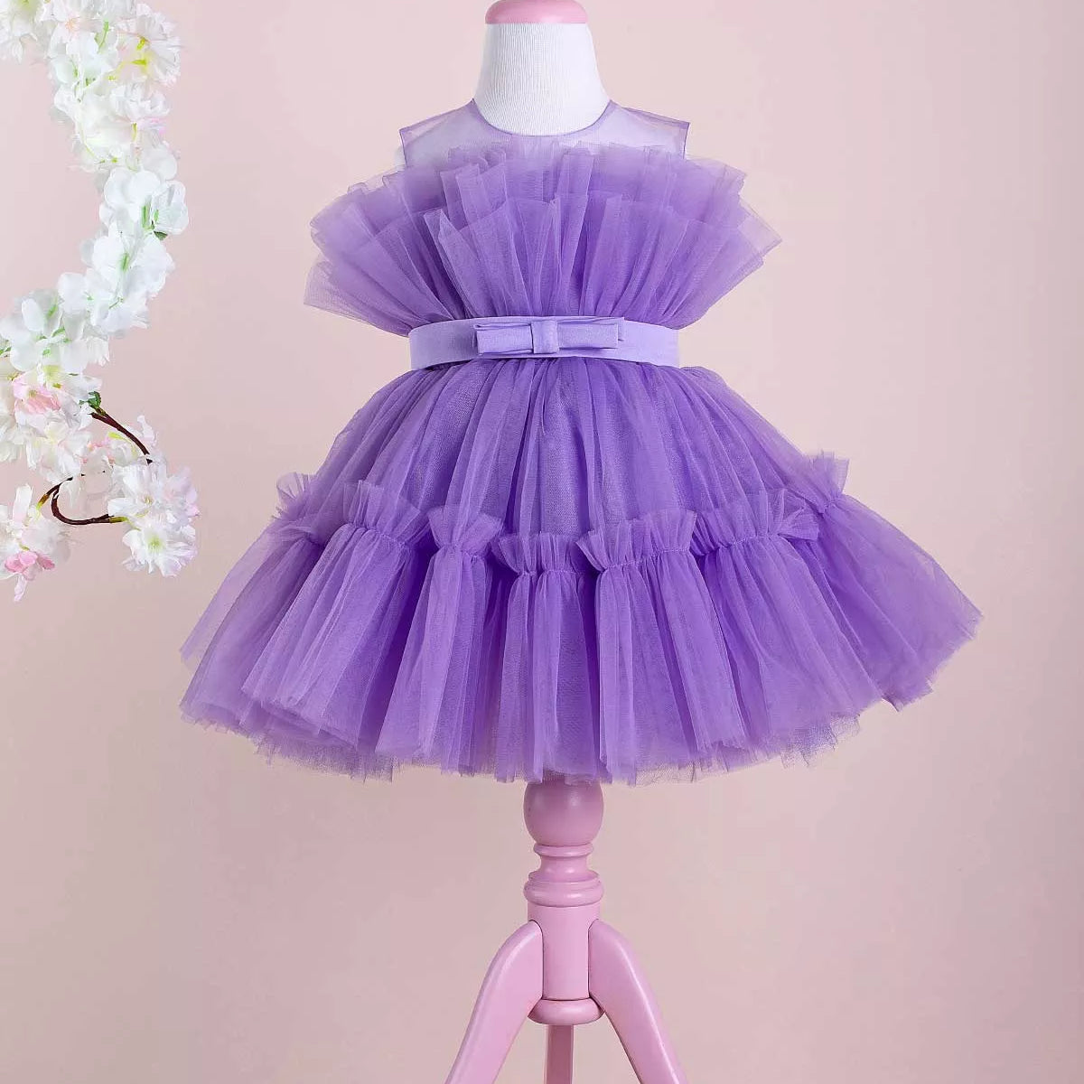 open lace back dress THA Dressing Diana Lilac Party Dress With Ruffle Trim