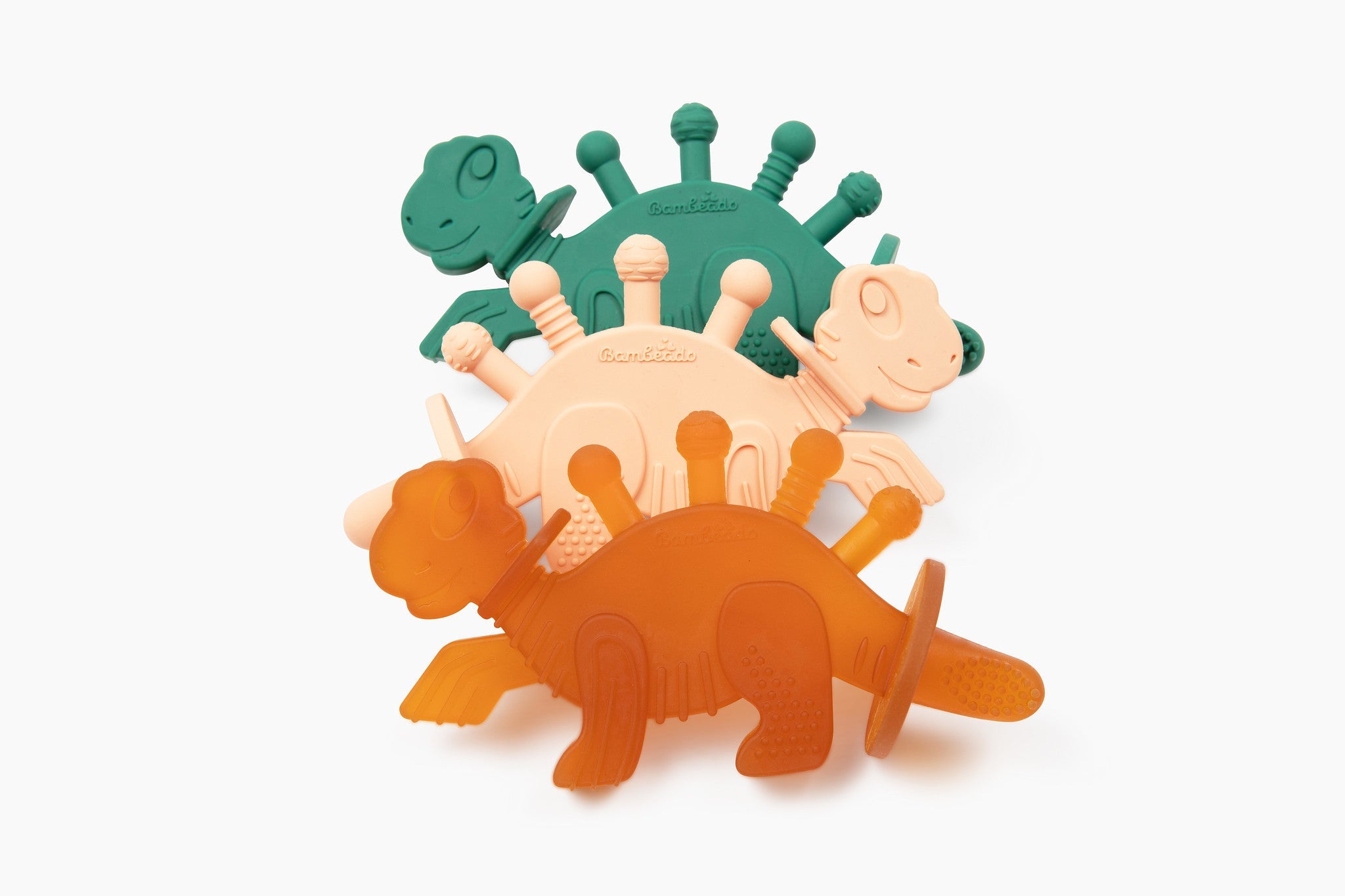 Dibly - Pink - Baltic Amber & Natural Rubber Dinosaur Teether With Toothbrush Tail