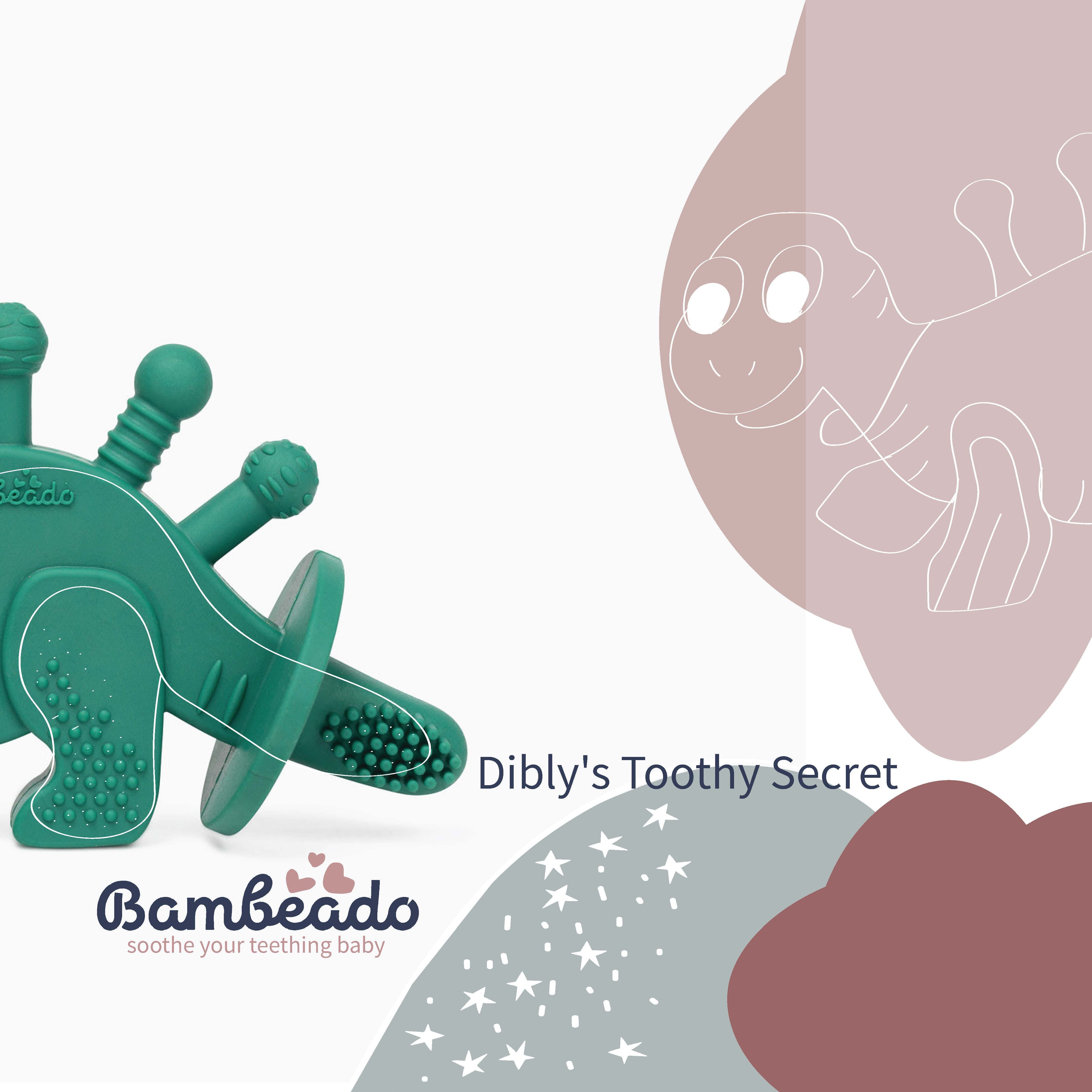 Dibly - Green - Baltic Amber & Natural Rubber Dinosaur Teether With Toothbrush Tail