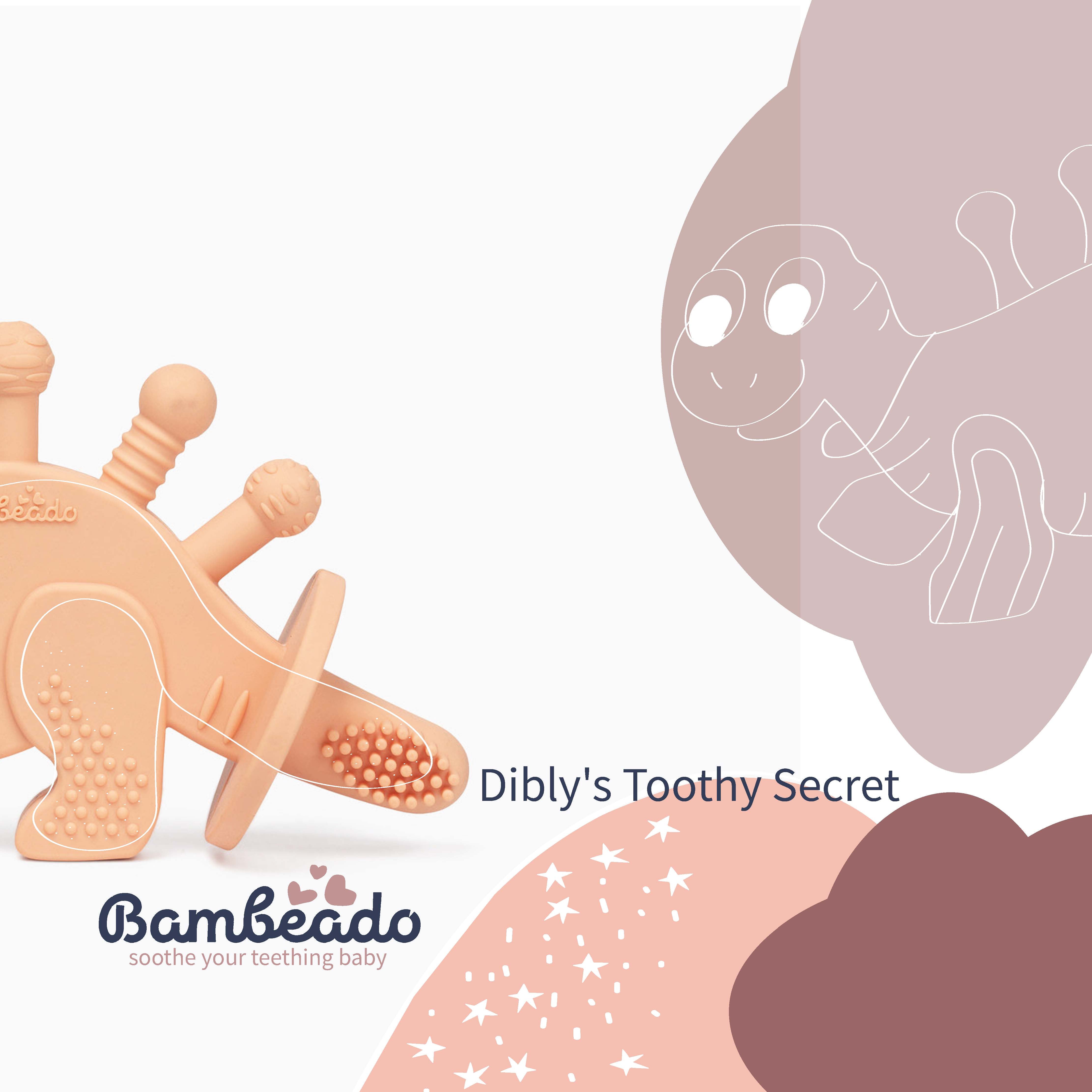 Dibly - Pink - Baltic Amber & Natural Rubber Dinosaur Teether With Toothbrush Tail