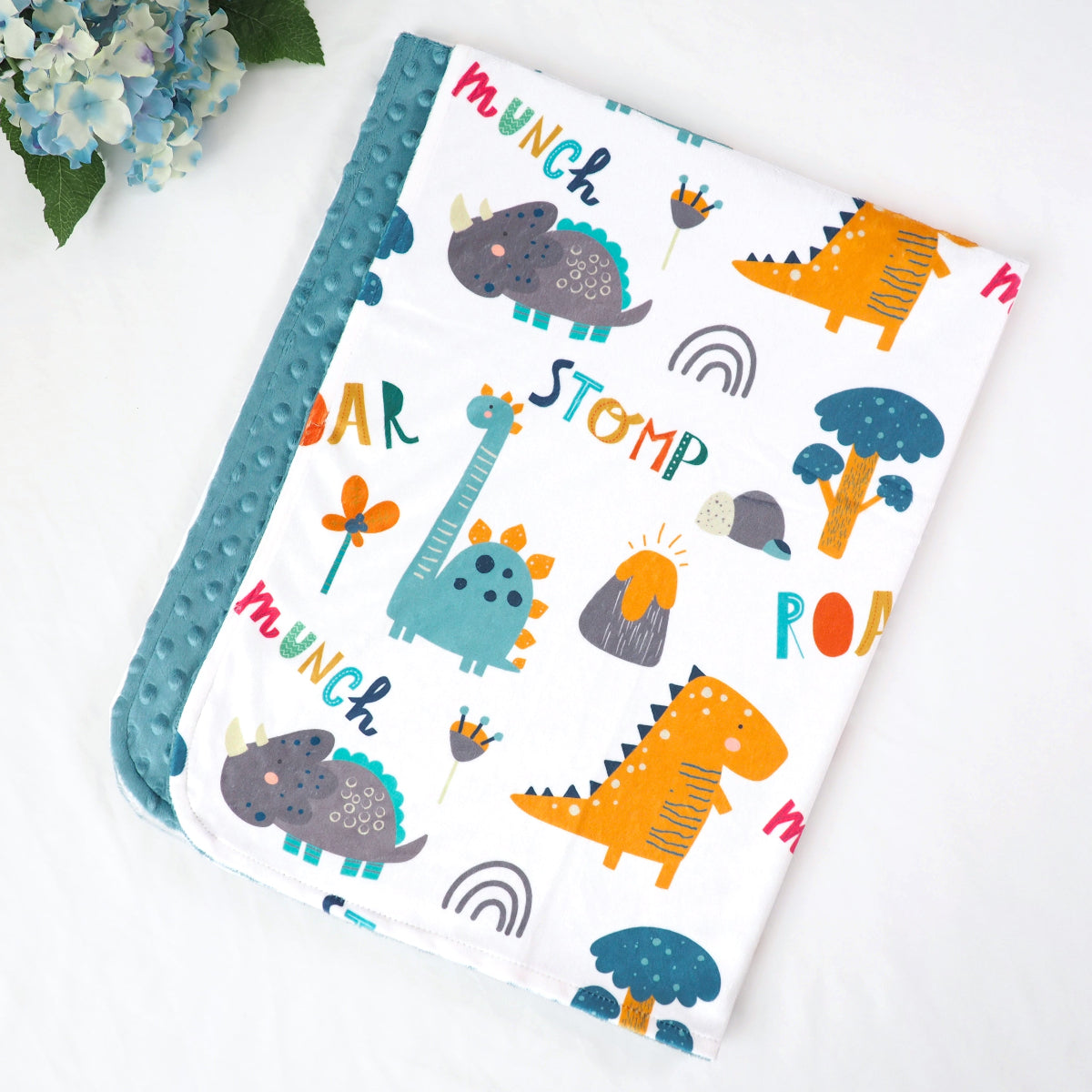 Dinoland Blue Minky Baby Blanket