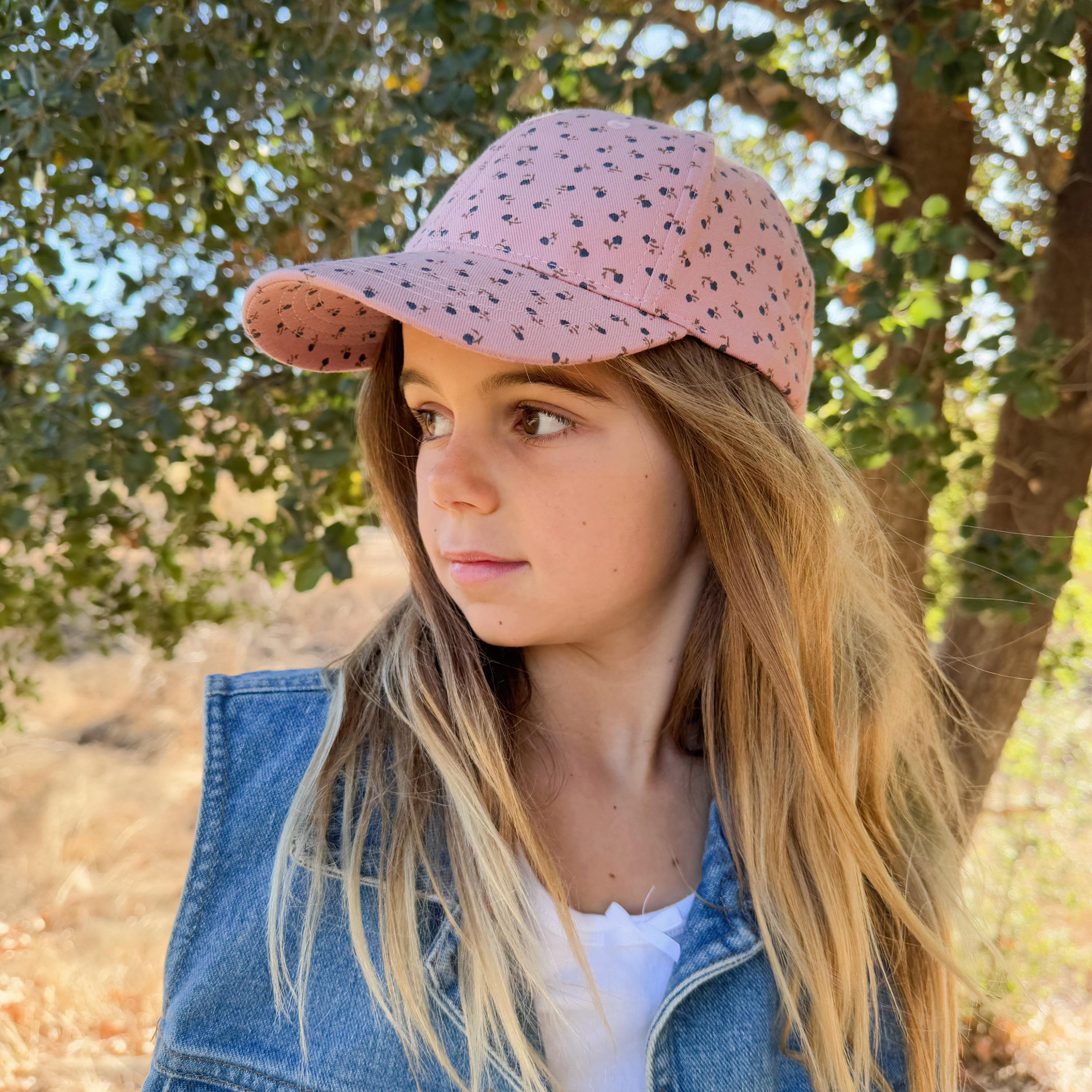 Ditsy Floral Print Kids Baseball Cap (age 3-6/7y) For Toddler And Little Girls, Natural Cotton- Mauve Pink
