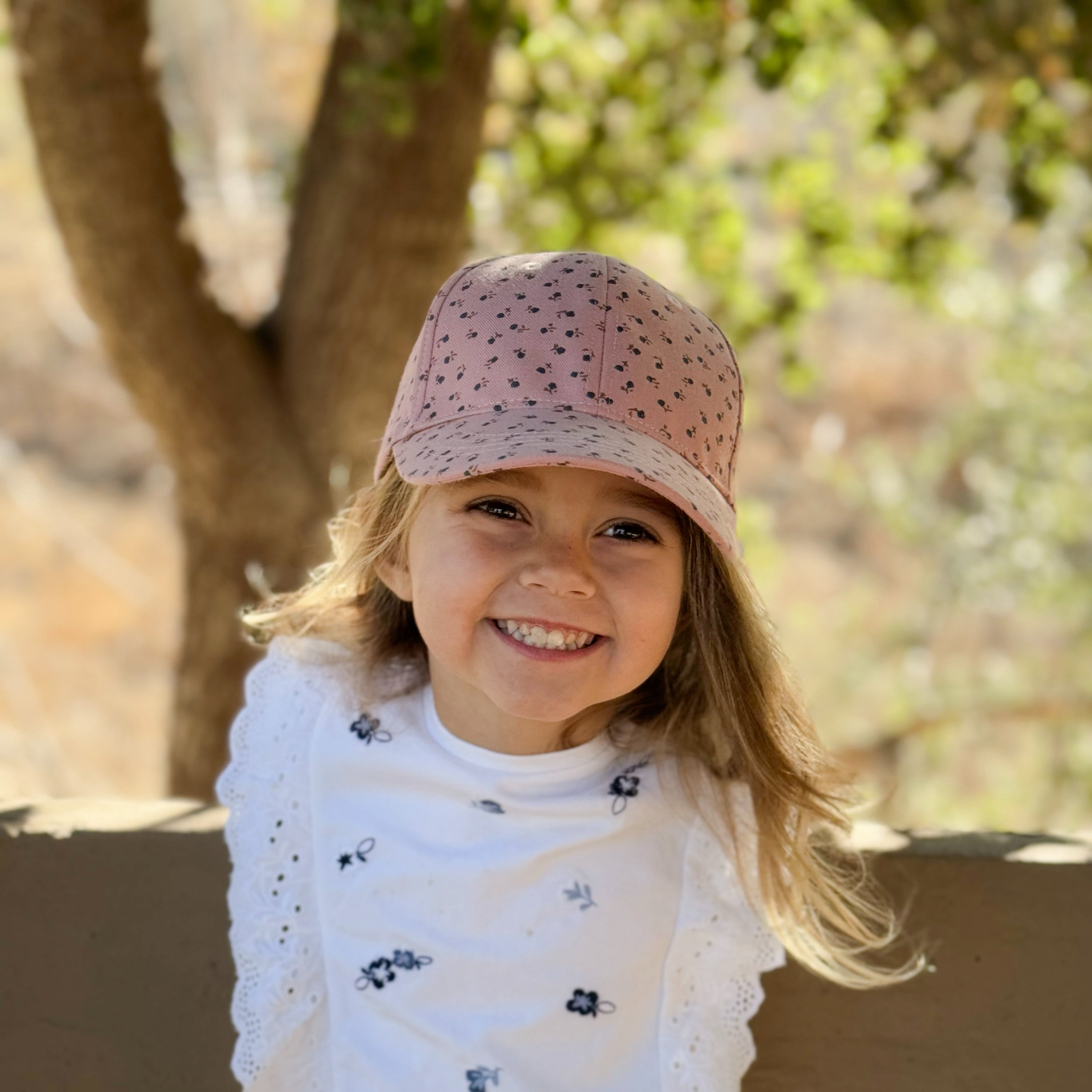 Ditsy Floral Print Kids Baseball Cap (age 3-6/7y) For Toddler And Little Girls, Natural Cotton- Mauve Pink