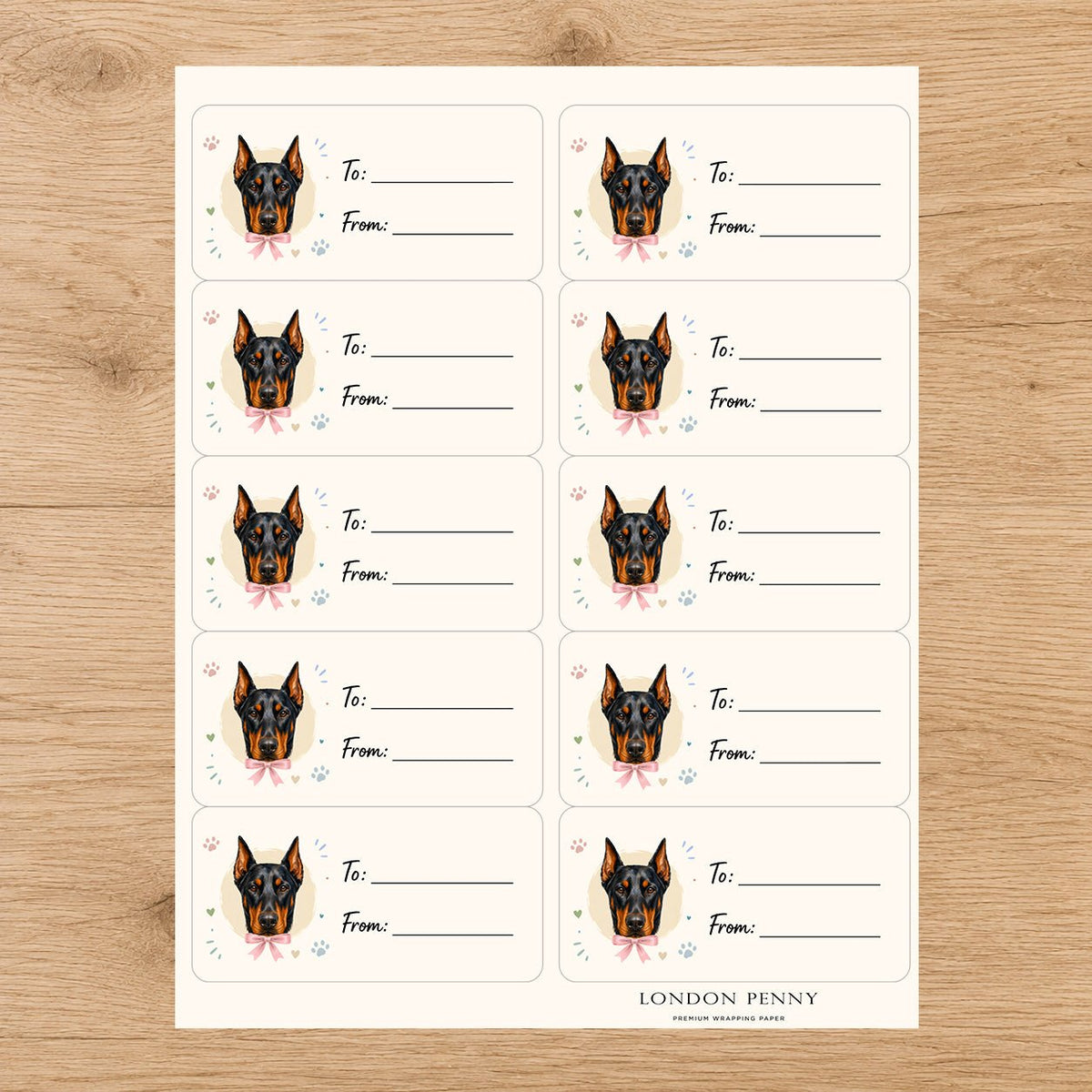 Doberman Pinscher Paws & Bows Gift Tag Sticker Sheet