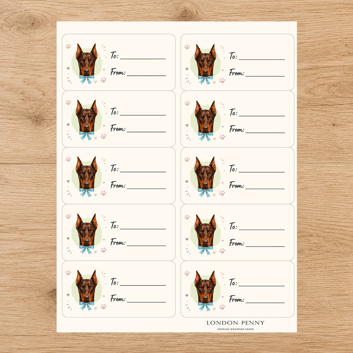 Doberman Pinscher Paws & Bows Gift Tag Sticker Sheet