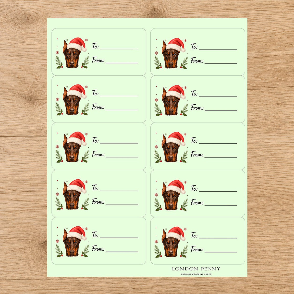 Doberman Pinscher Santa Paws Gift Tag Sticker Sheet