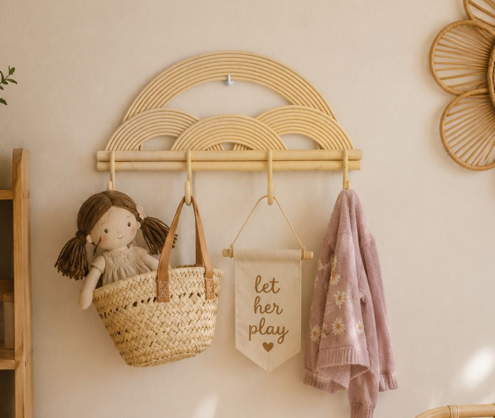 Montessori Rainbow Wall Hanger  |  Rattan Wall Rack | Boho Nursery Wall Hooks For Kids