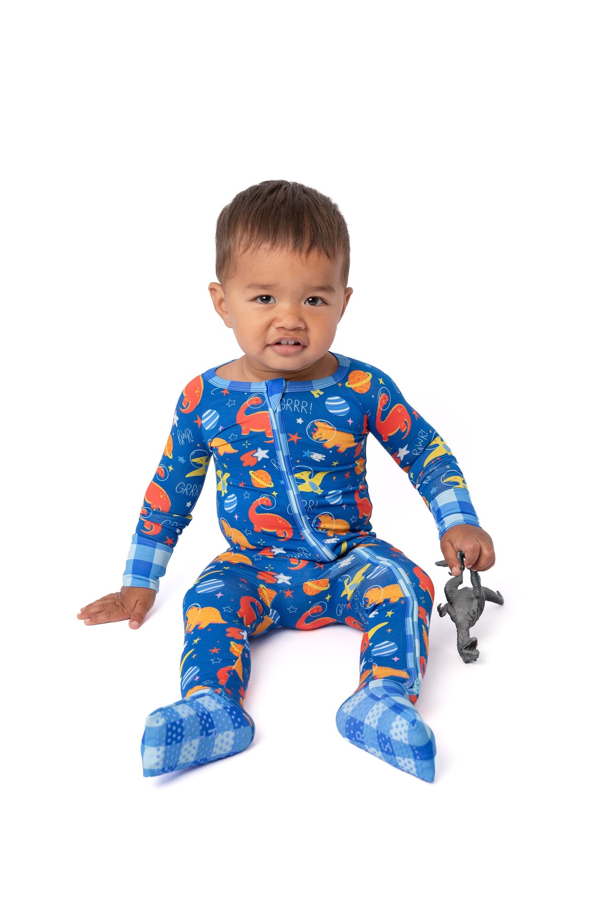Electric Blue Space Dinosaur Bamboo Zip Onesie