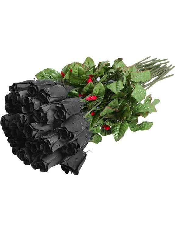 Dozen Fake Black Rose W/ Rain Drops