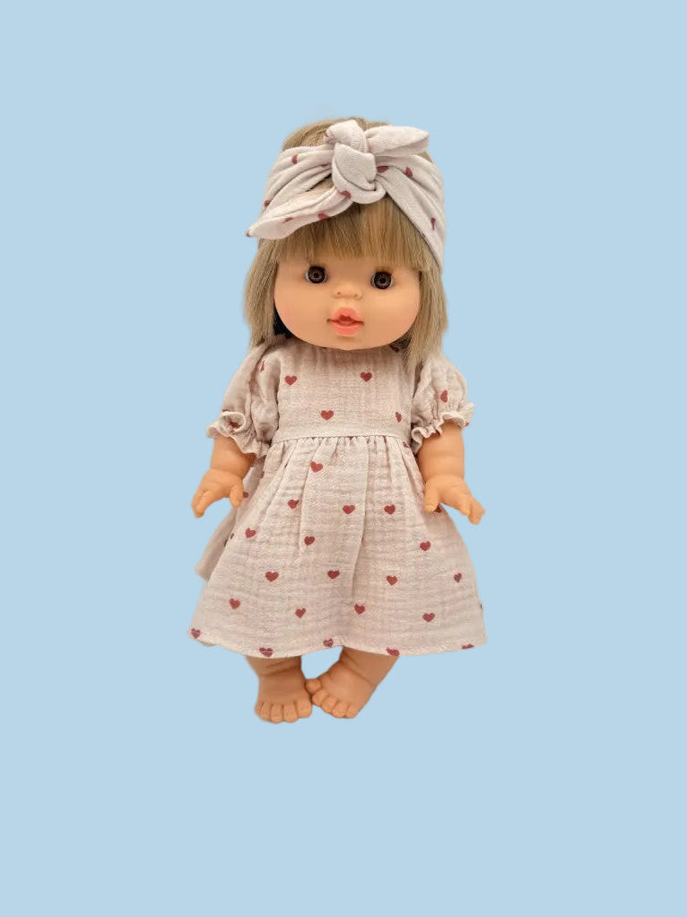 Minikane Doll Clothes | Muslin Dress W/ Headband - Dreamy Mauve Hearts (11" & 13" Dolls)