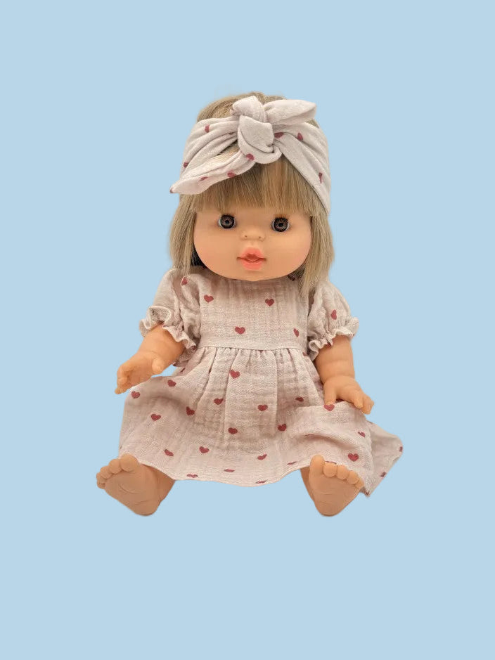 Minikane Doll Clothes | Muslin Dress W/ Headband - Dreamy Mauve Hearts (11" & 13" Dolls)
