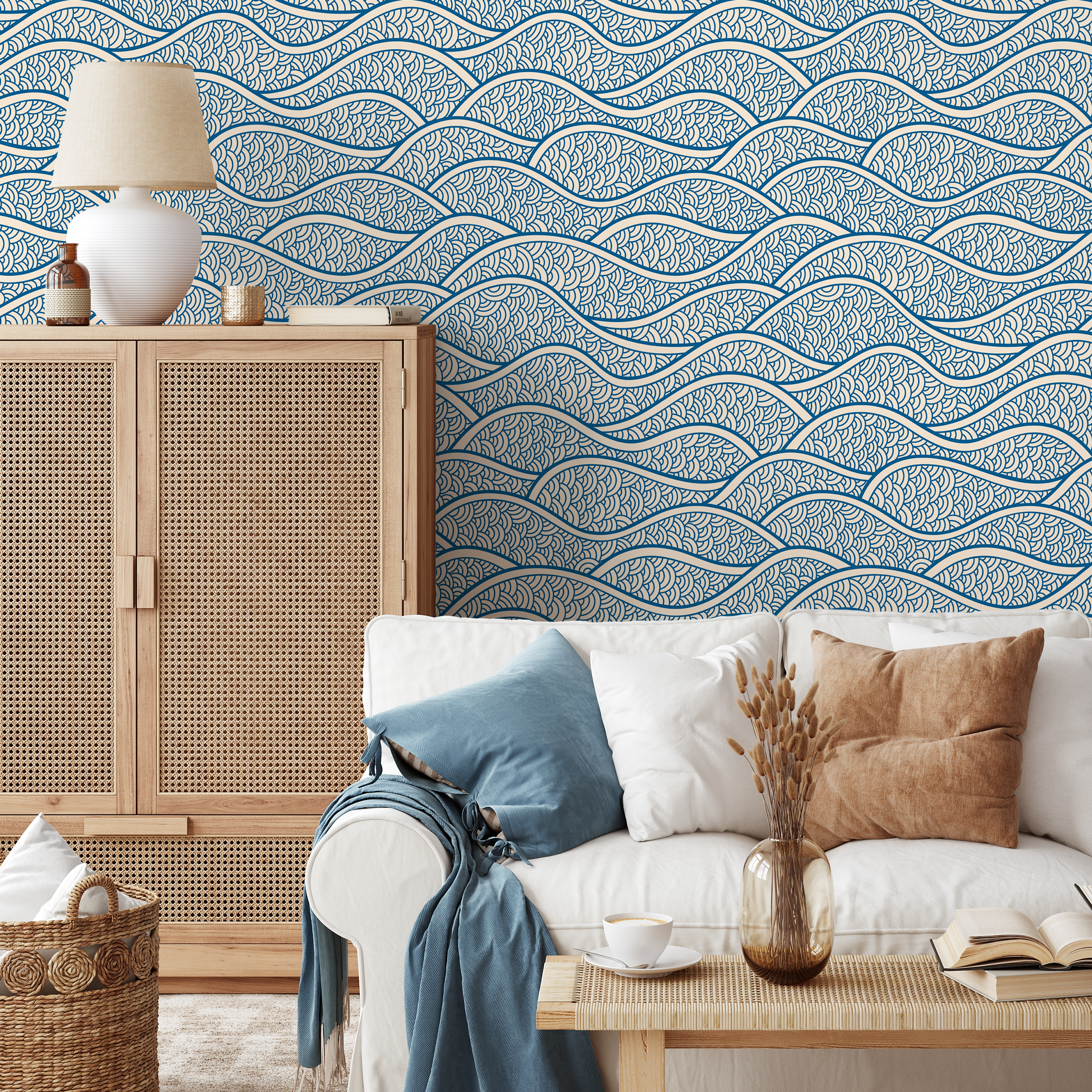 Scandinavian Wallpaper With A Stylized Ocean Wave Motif In Blue And White - E001