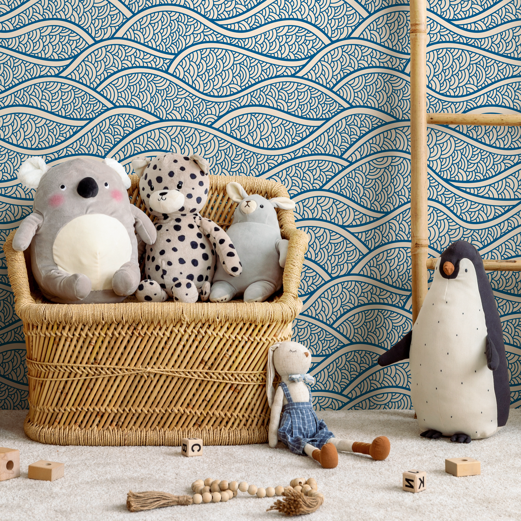 Scandinavian Wallpaper With A Stylized Ocean Wave Motif In Blue And White - E001