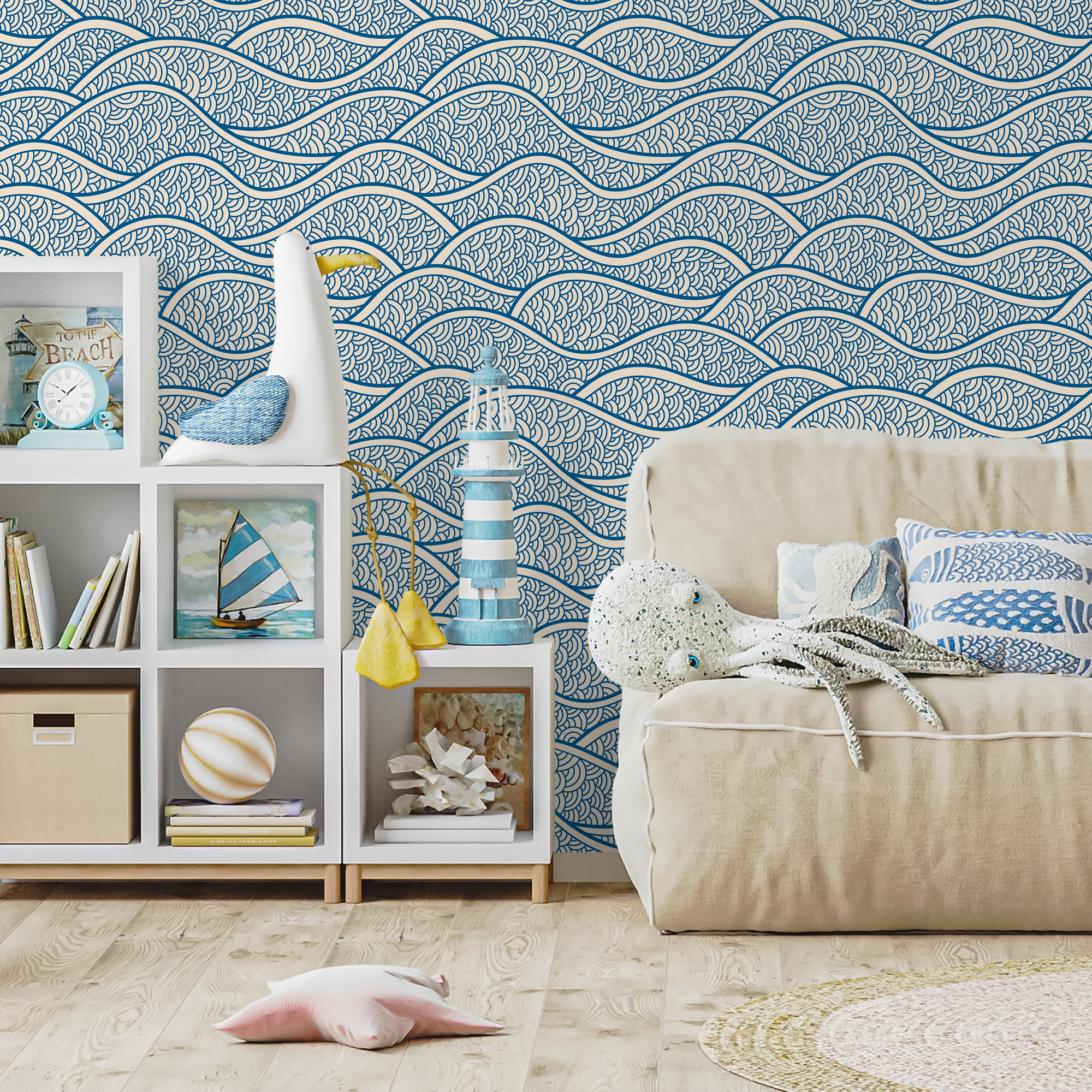Scandinavian Wallpaper With A Stylized Ocean Wave Motif In Blue And White - E001
