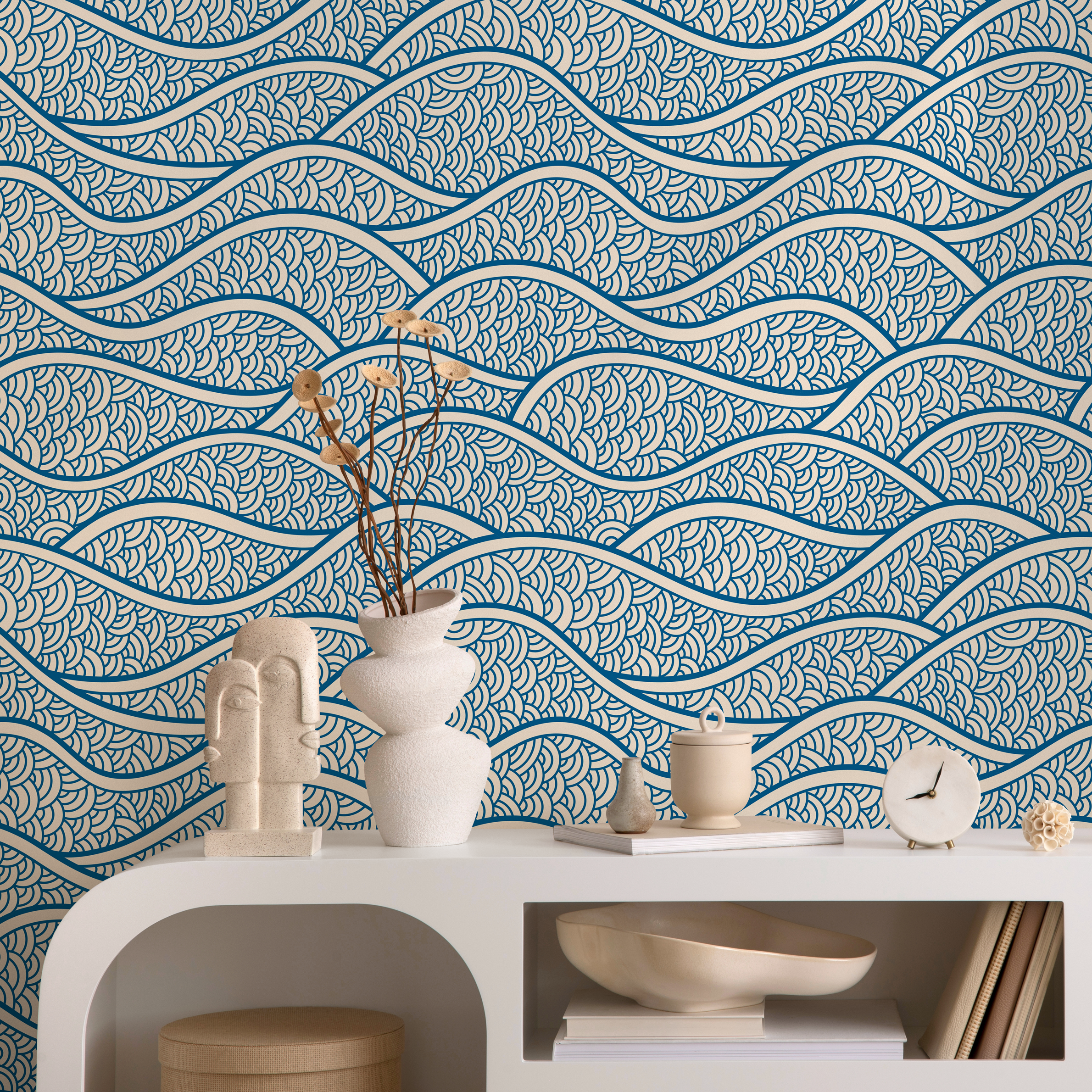 Scandinavian Wallpaper With A Stylized Ocean Wave Motif In Blue And White - E001