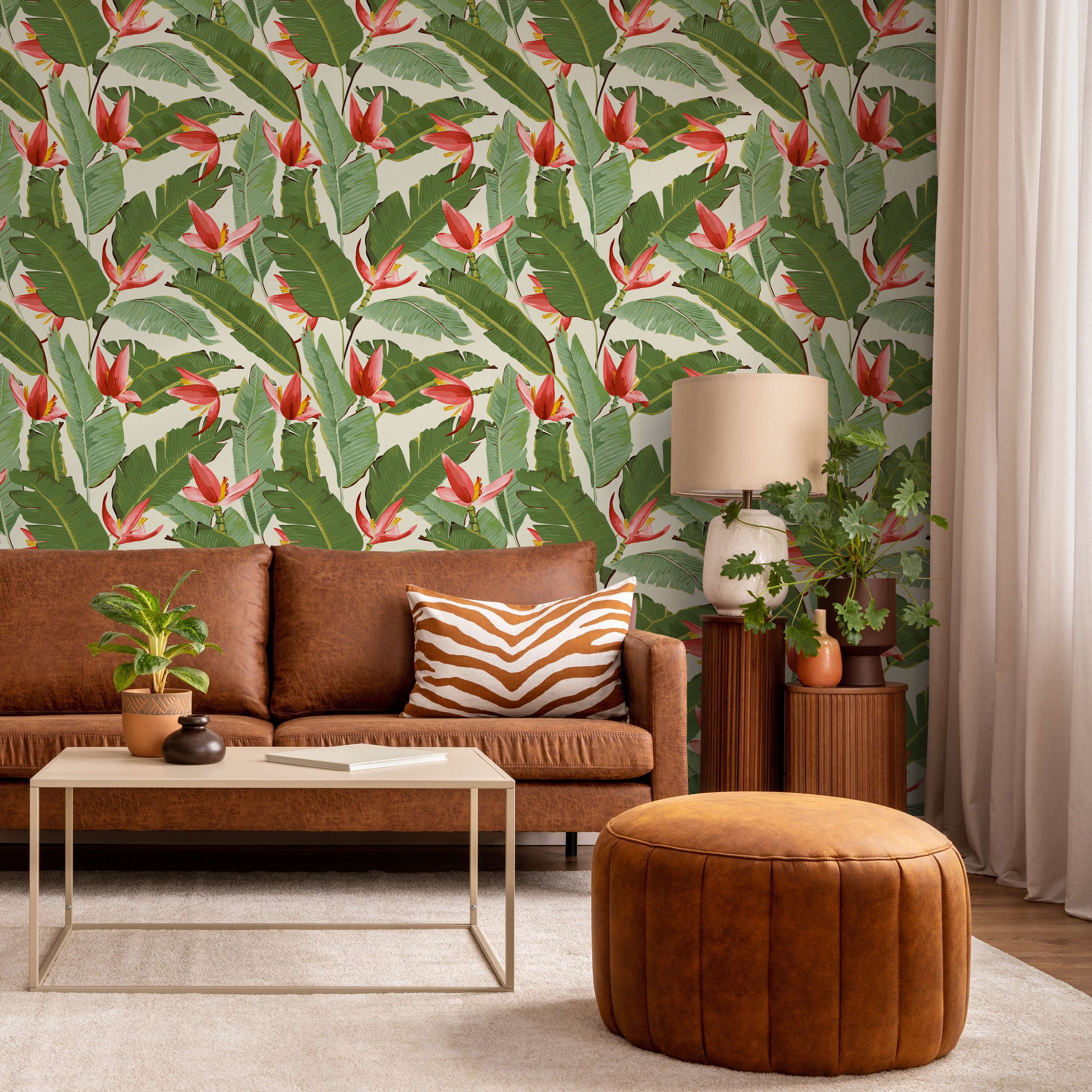 Tropical Wallpaper With Red Heliconia Flowers And Green Leaves - E002