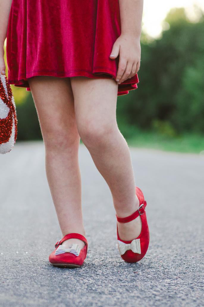 Joy New Bow Mary Jane Red Shimmer With Gold Glitter Bow