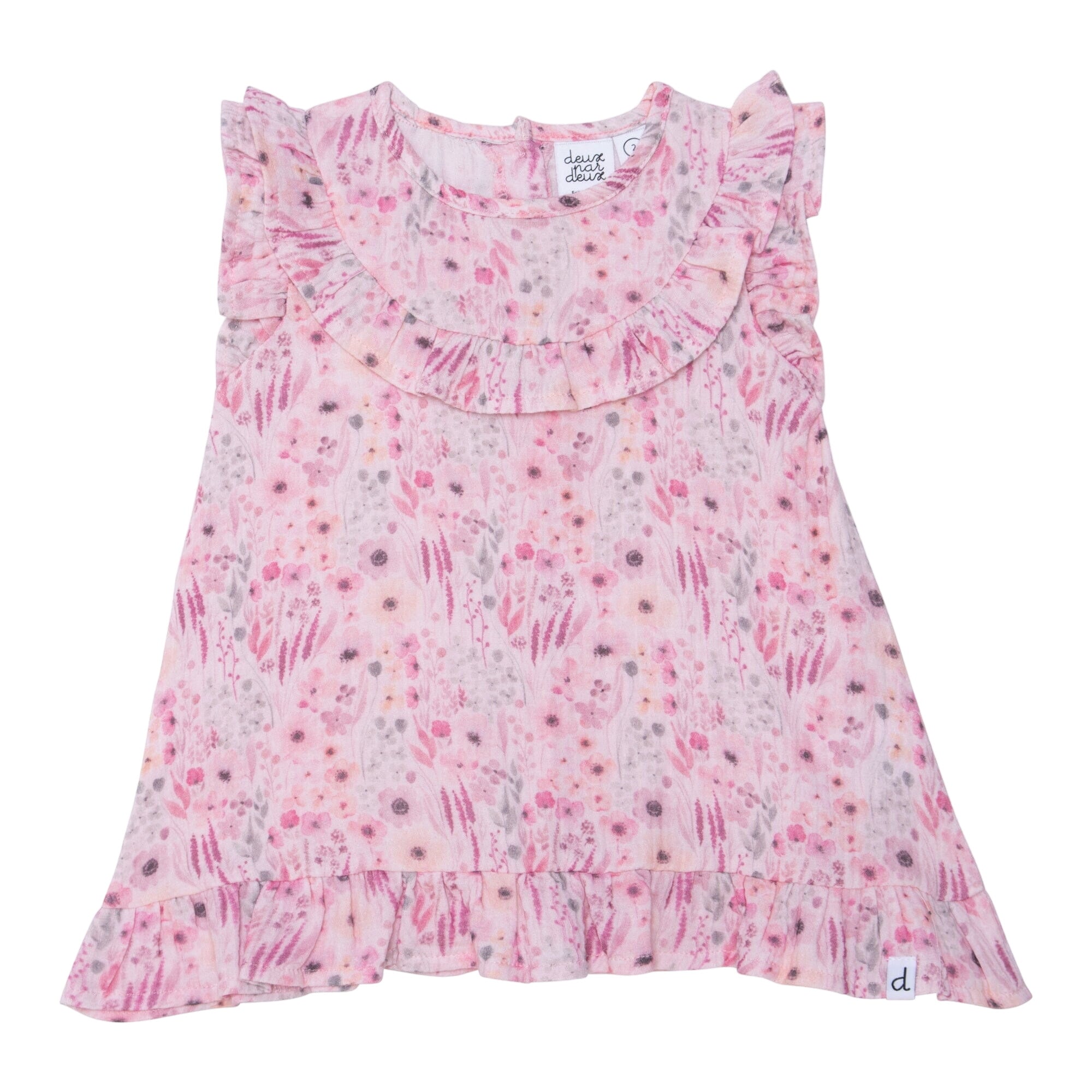 Printed Short Sleeve Blouse With Frill Pink Watercolor Flowers