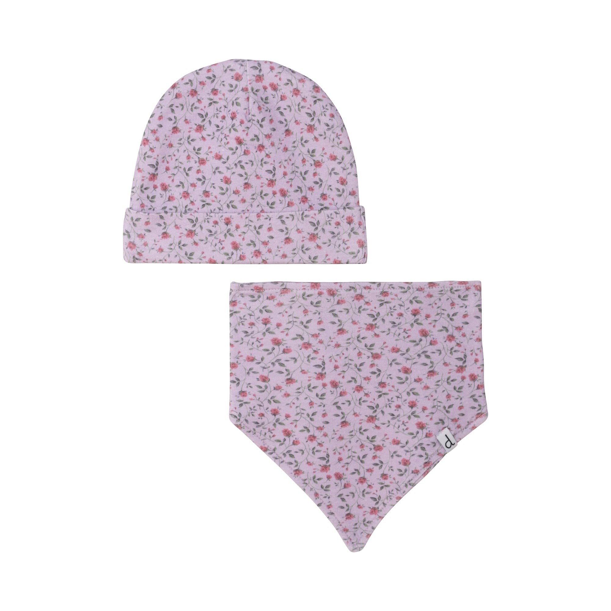 Organic Cotton Printed Hat & Bib Set Lilac Little Flowers