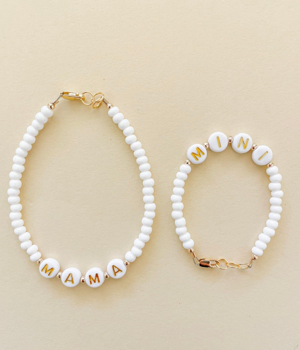 Mama And Mini White Name Bracelet Set – Custom, Gold-filled & Hypoallergenic
