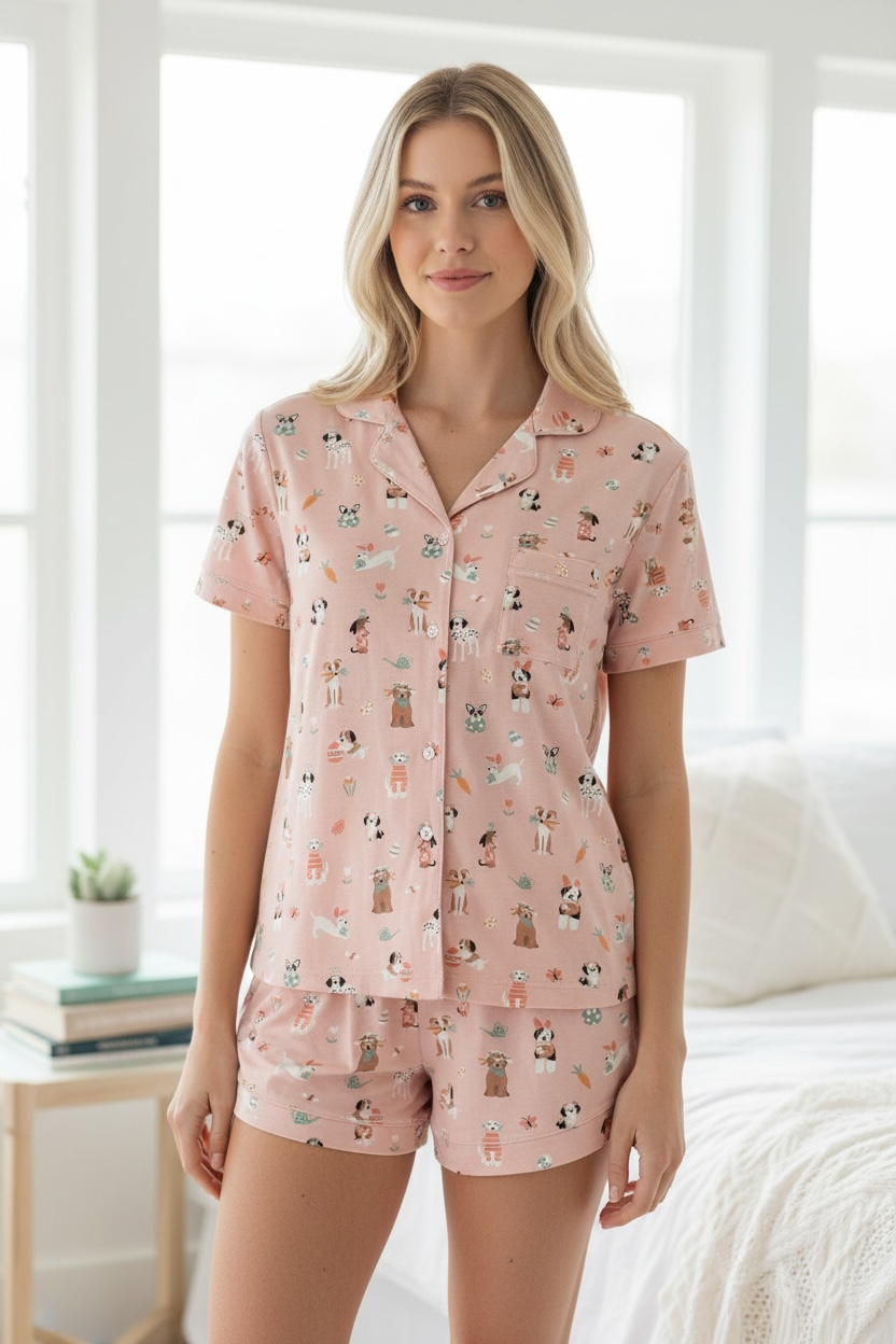 Puppy Egg Hunt (women's Short Sleeve Pj) - Pink