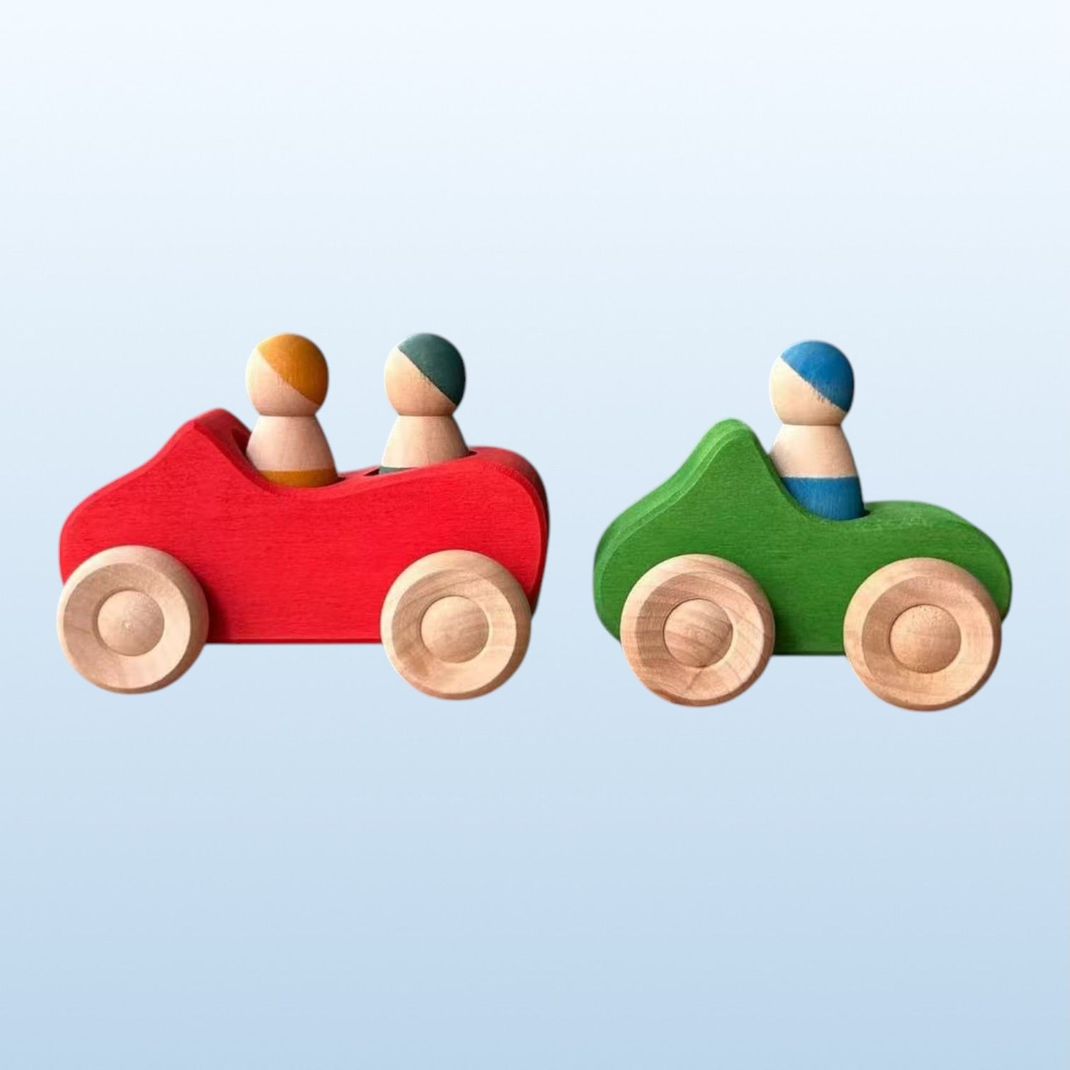 7 Pcs Colored Wooden Rainbow Cars Set With 3 Pcs Peg Dolls