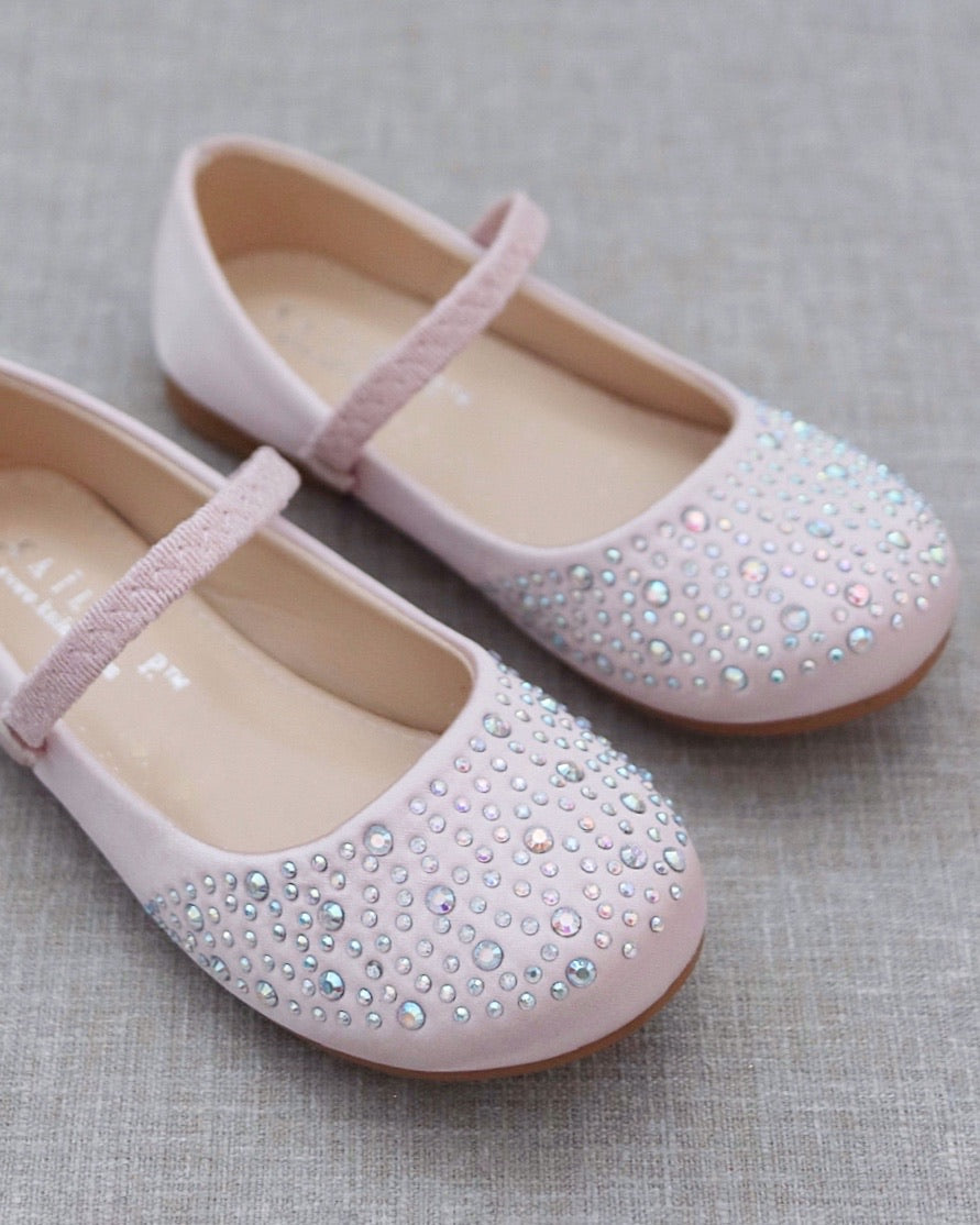 Satin Maryjane Flats With Rhinestones Embellishment