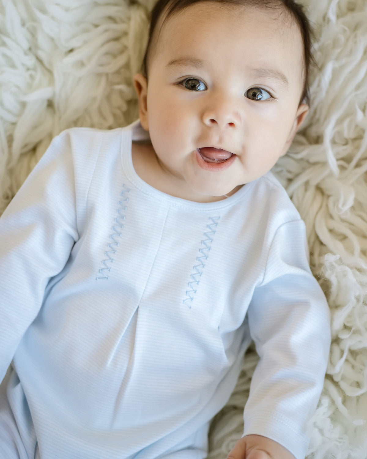 Blue Mini Stripe Long One Piece — Embroidered Detail