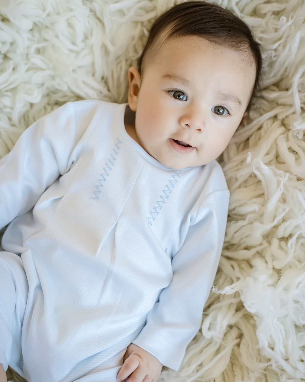 Blue Mini Stripe Long One Piece — Embroidered Detail