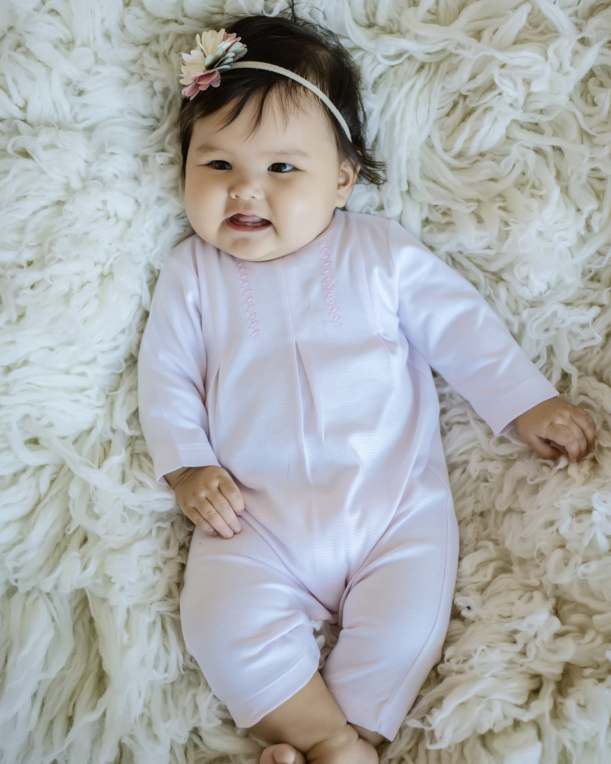 Pink Mini Stripe Long One Piece — Embroidered Detail