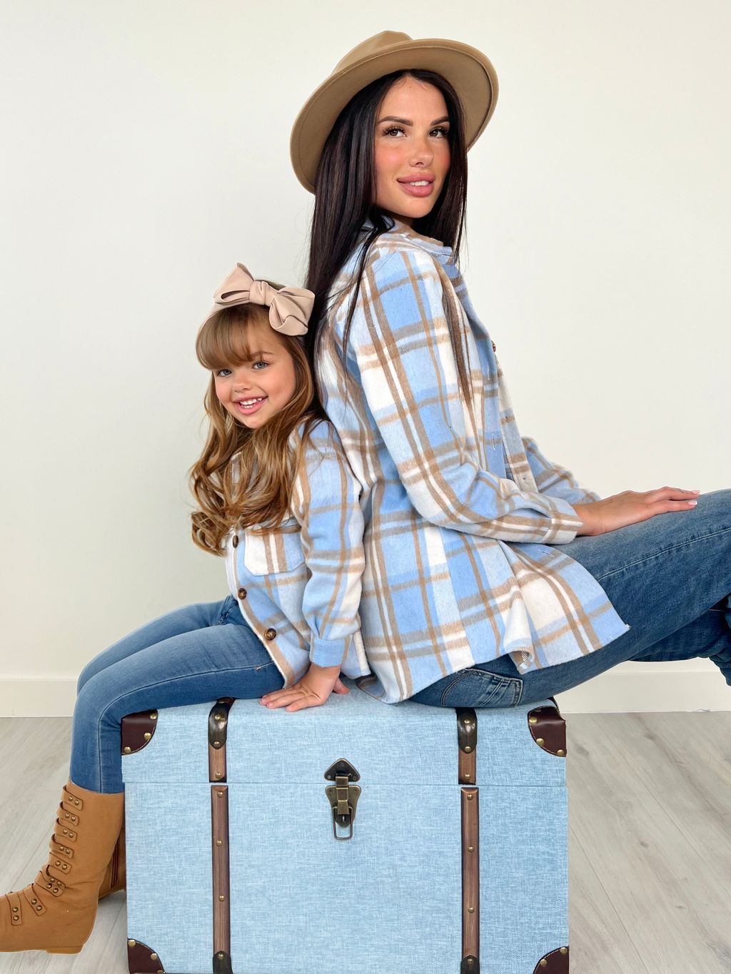 Mommy And Me Blue And Tan Plaid Flannel Shacket