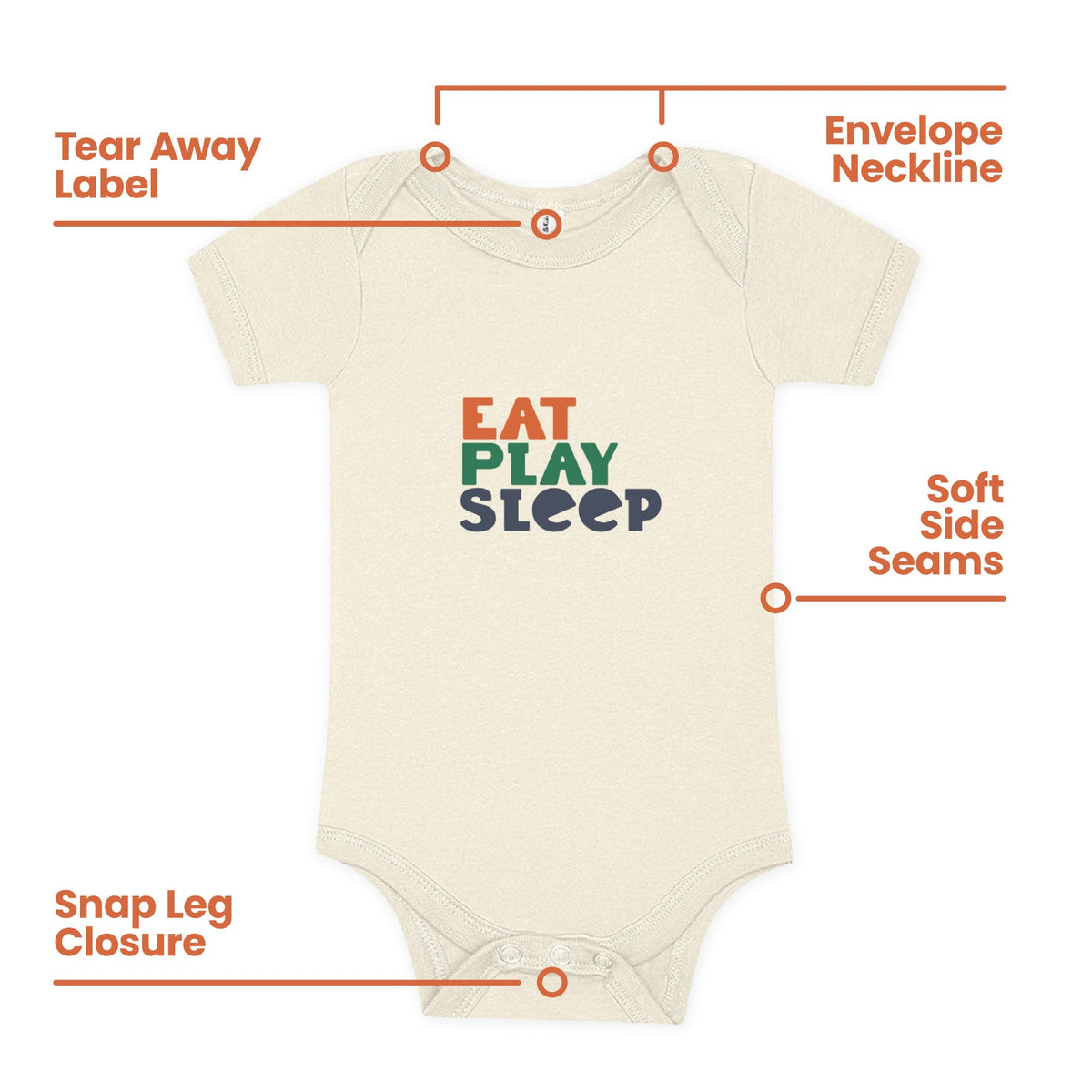 100% Airlume Combed, Ring-spun Cotton Onesie - Eat Play Sleep (size 6-12 Mo)