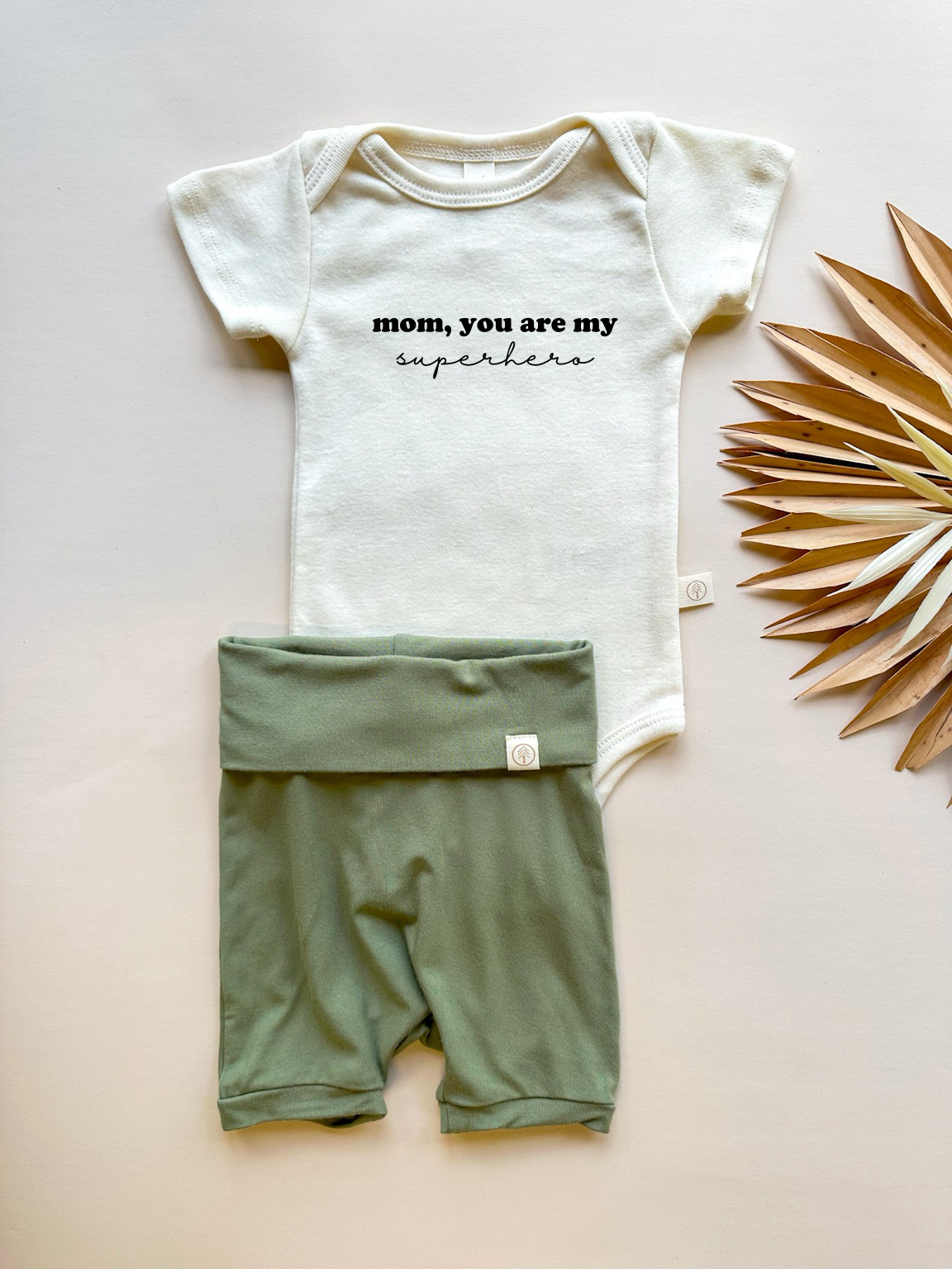 Mom Superhero | Bamboo Fold Over Shorties And Organic Cotton Bodysuit Set | Eucalyptus