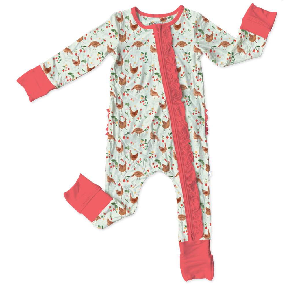 Evalyn Chickens Bamboo Ruffle Convertible Footie (pre-order)