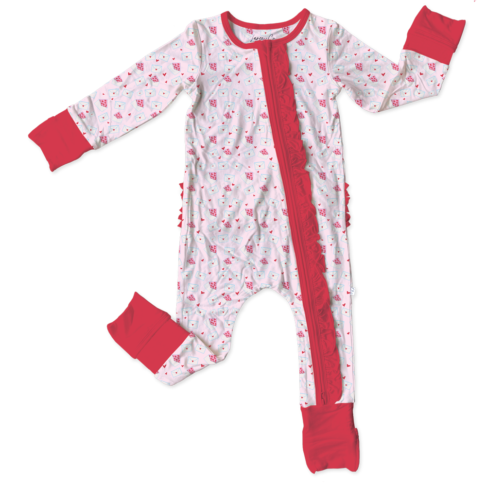 Ezrah Valentines Bamboo Ruffle Convertible Footie (pre-order)