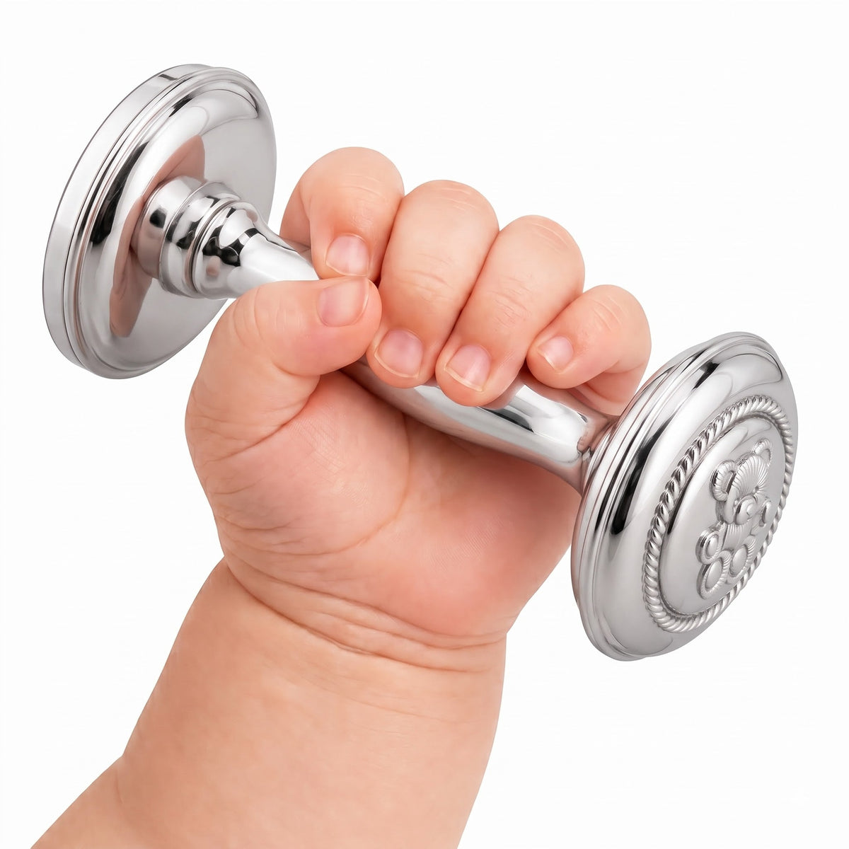 Krysaliis Silver Plate Dumbell Rattle - Teddy Rope