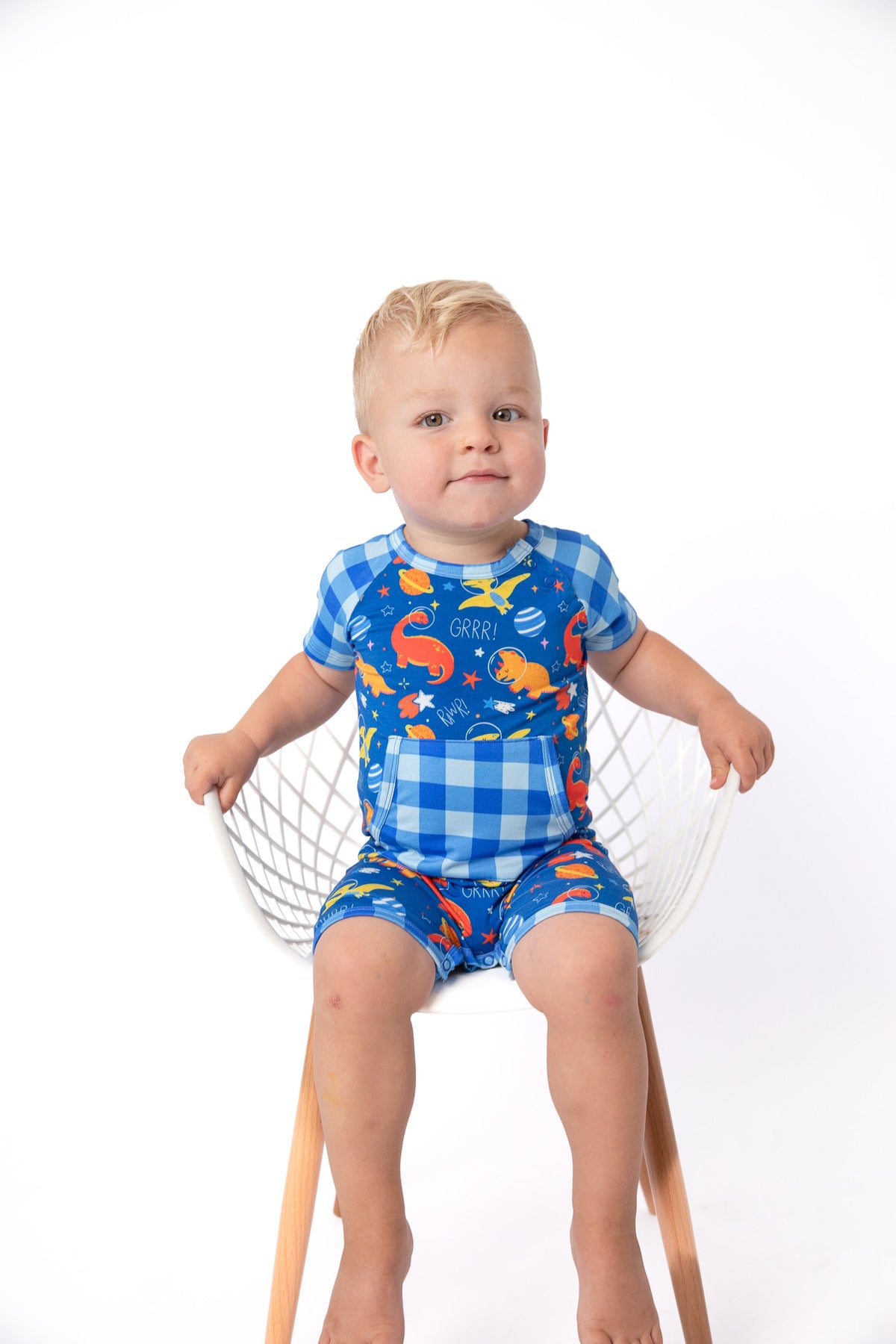 Space Dinosaur Bamboo Short Romper | Electric Blue