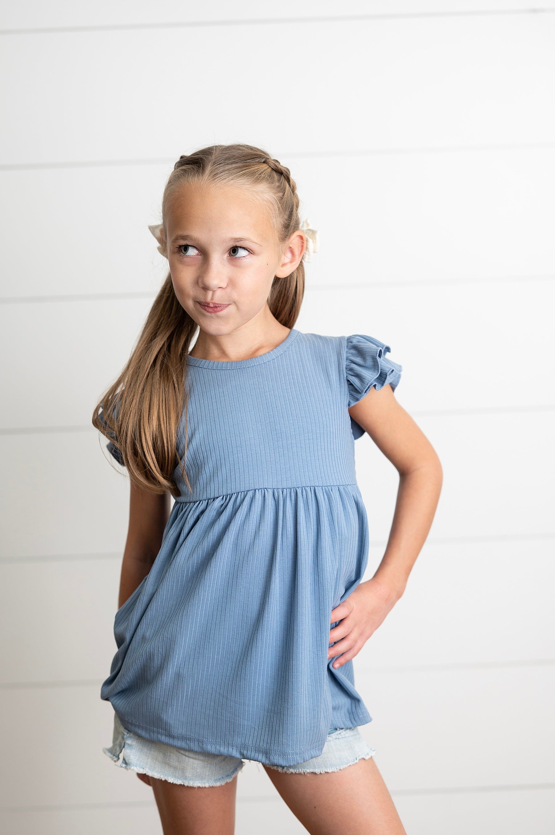 Ella Dusty Blue Ribbed Flutter Shirt