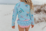 Elsie Mint Turtle Long Sleeve Rash Guard Ruffles Swimsuit