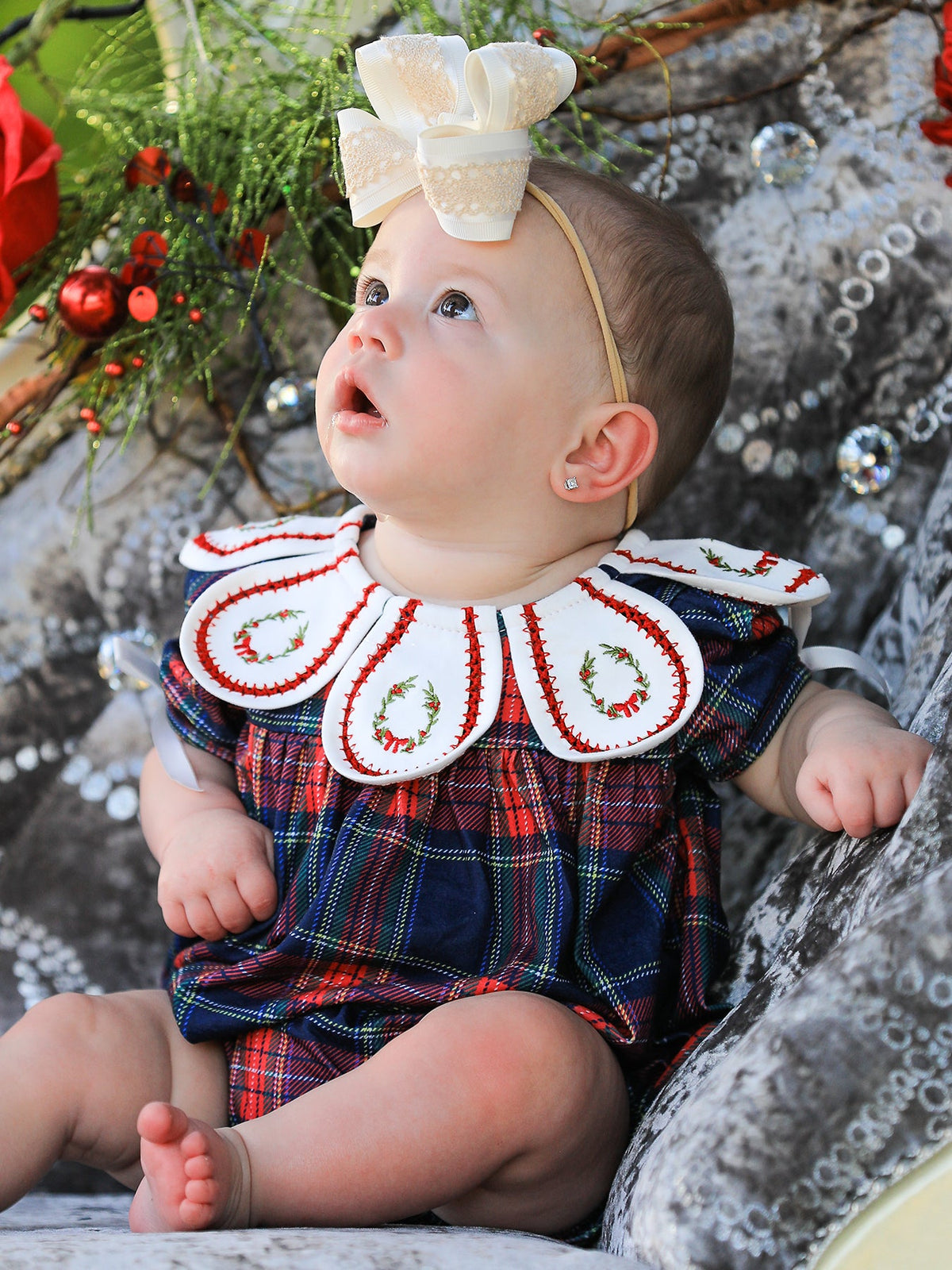 Navy Red Christmas Plaid Wreath Baby Girl Bubble Romper