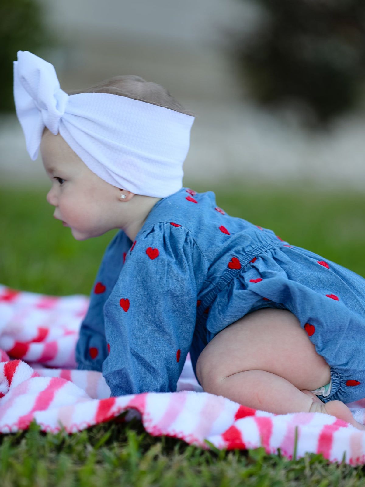 Valentine’s Day Baby Girls Heart Embroidered Denim Bubble Romper
