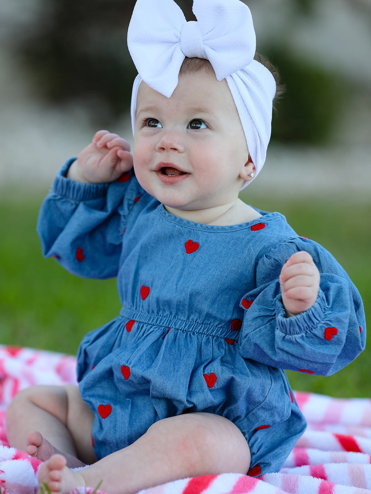 Valentine’s Day Baby Girls Heart Embroidered Denim Bubble Romper