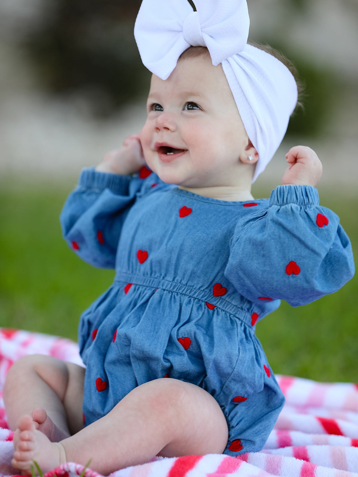 Valentine’s Day Baby Girls Heart Embroidered Denim Bubble Romper