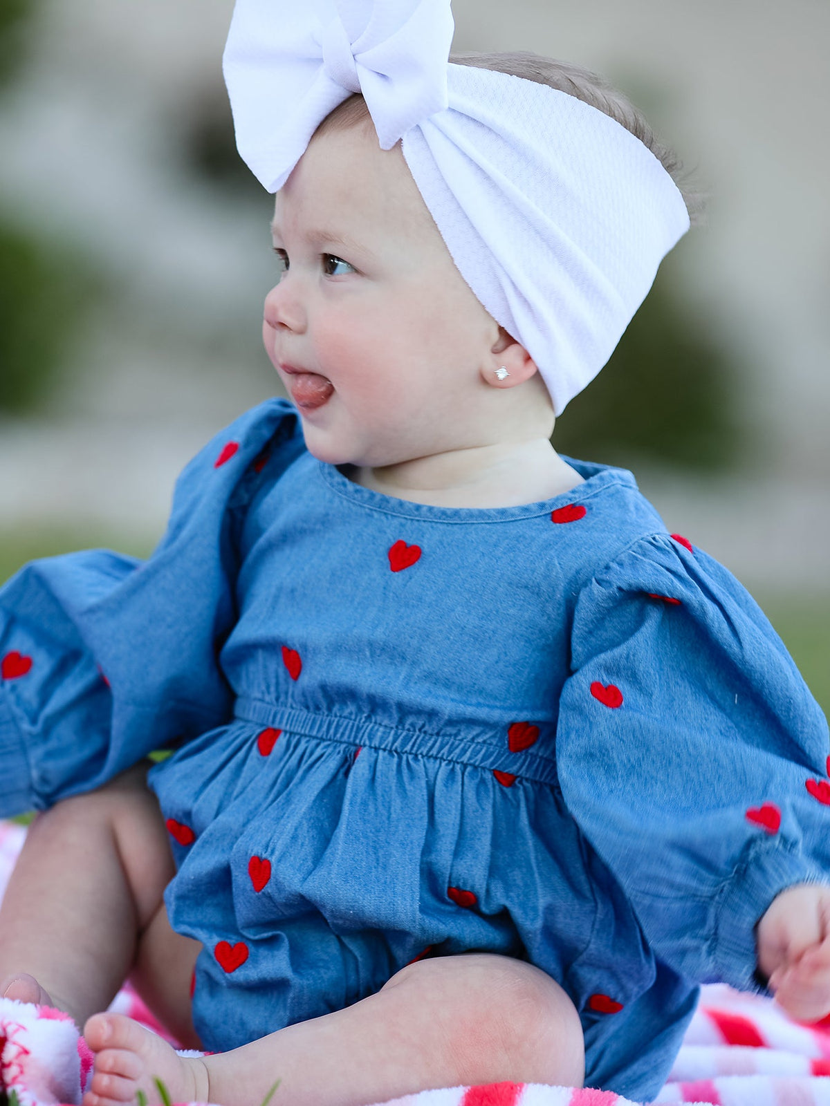 Valentine’s Day Baby Girls Heart Embroidered Denim Bubble Romper