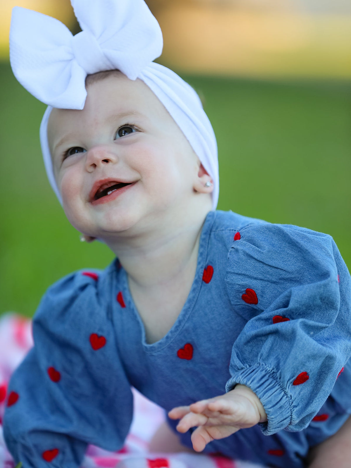 Valentine’s Day Baby Girls Heart Embroidered Denim Bubble Romper