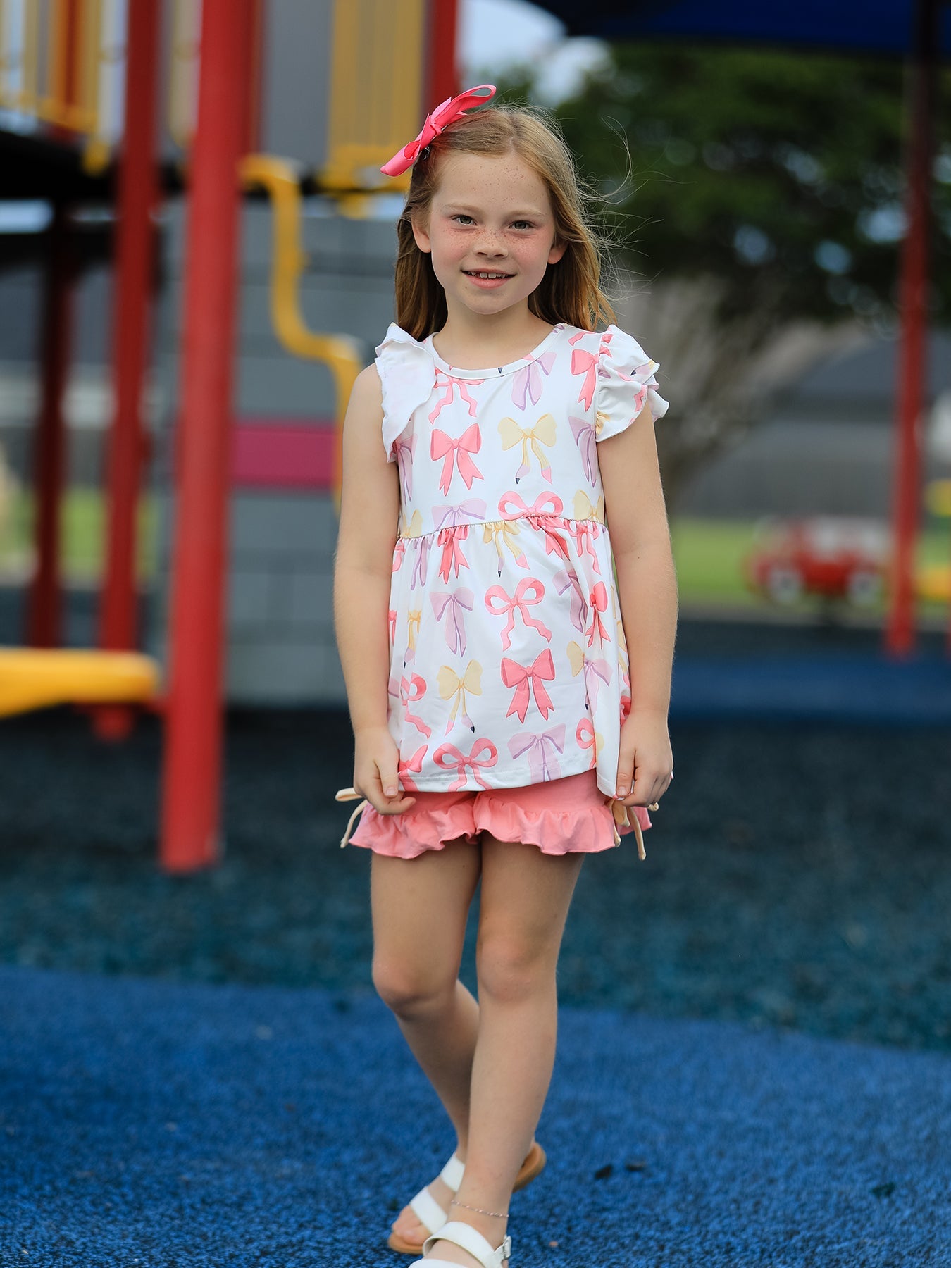 Back To School Girl's Summer Bow Short Sleeve Shorts Set